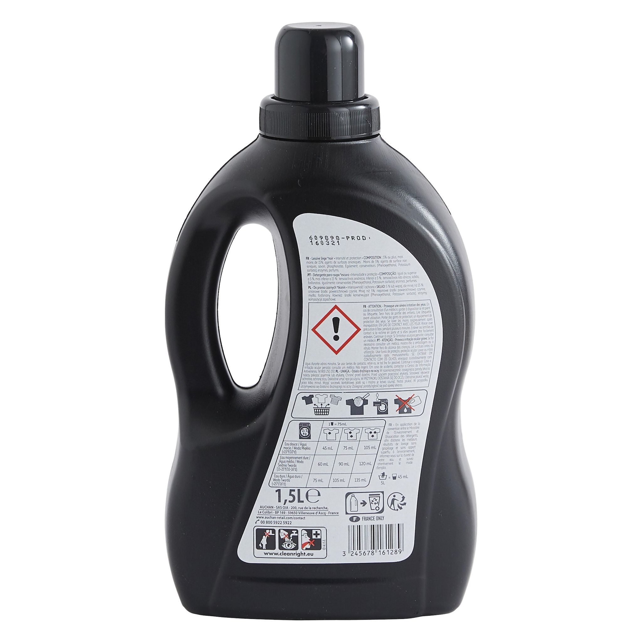 Voir la diapositive 2 : AUCHAN Lessive liquide intensité et protection linge noir 25 lavages 1,5l