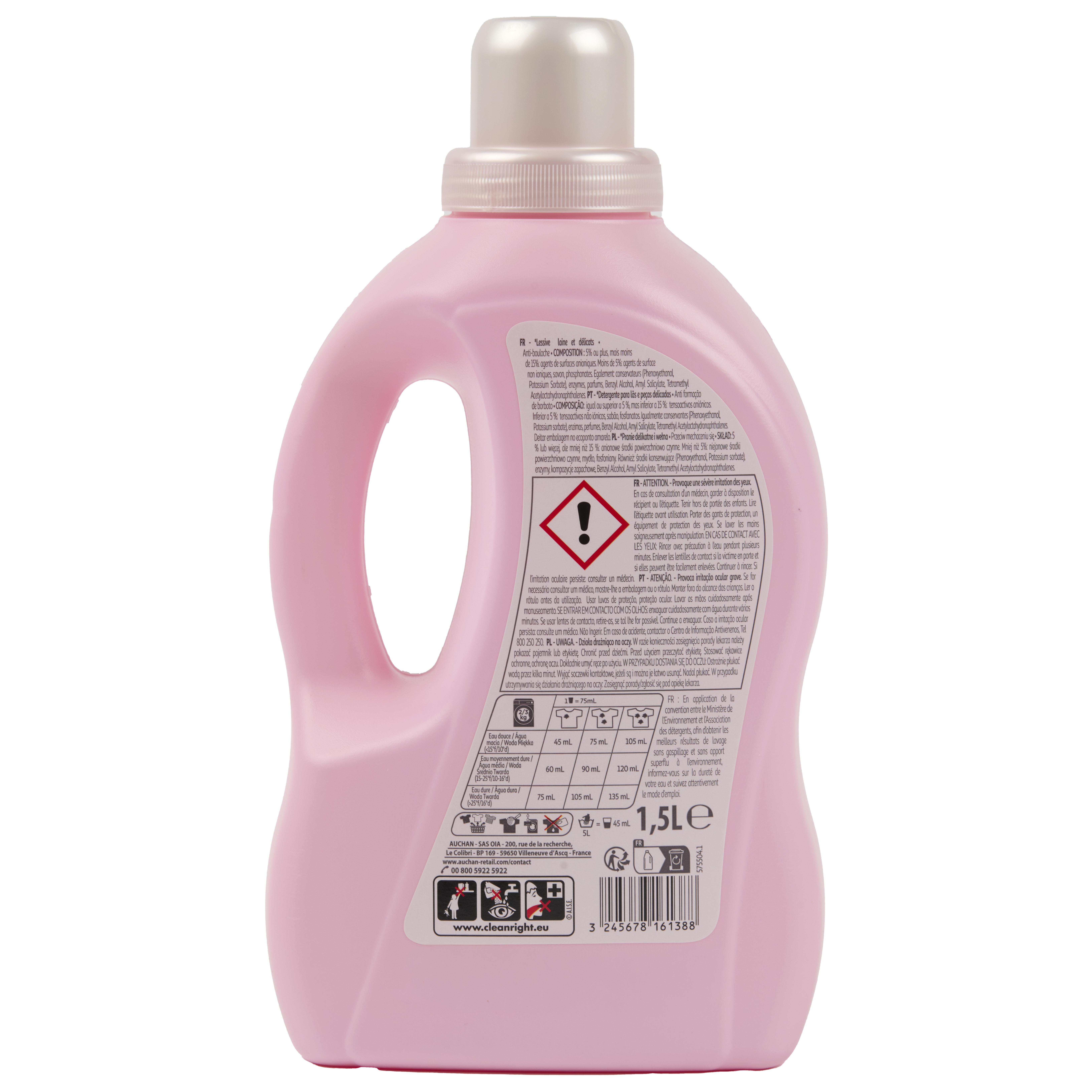 Voir la diapositive 2 : AUCHAN Lessive liquide Laine et Linge délicat anti-bouloche 25 lavages 1,5l