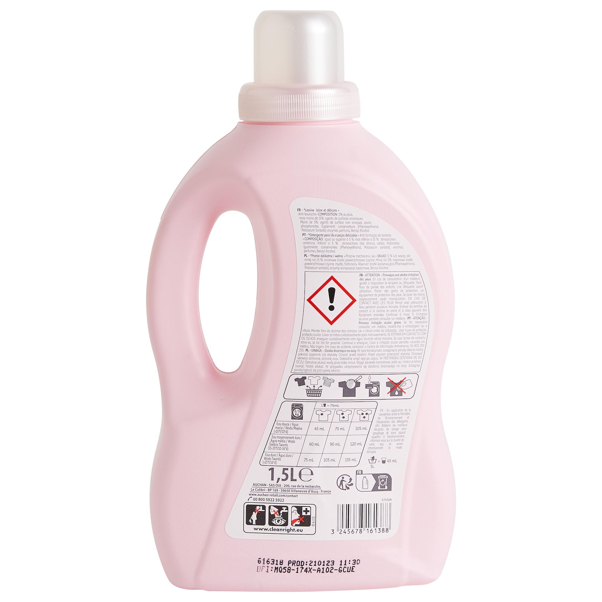 Voir la diapositive 2 : AUCHAN Lessive liquide Laine et Linge délicat anti-bouloche 25 lavages 1,5l