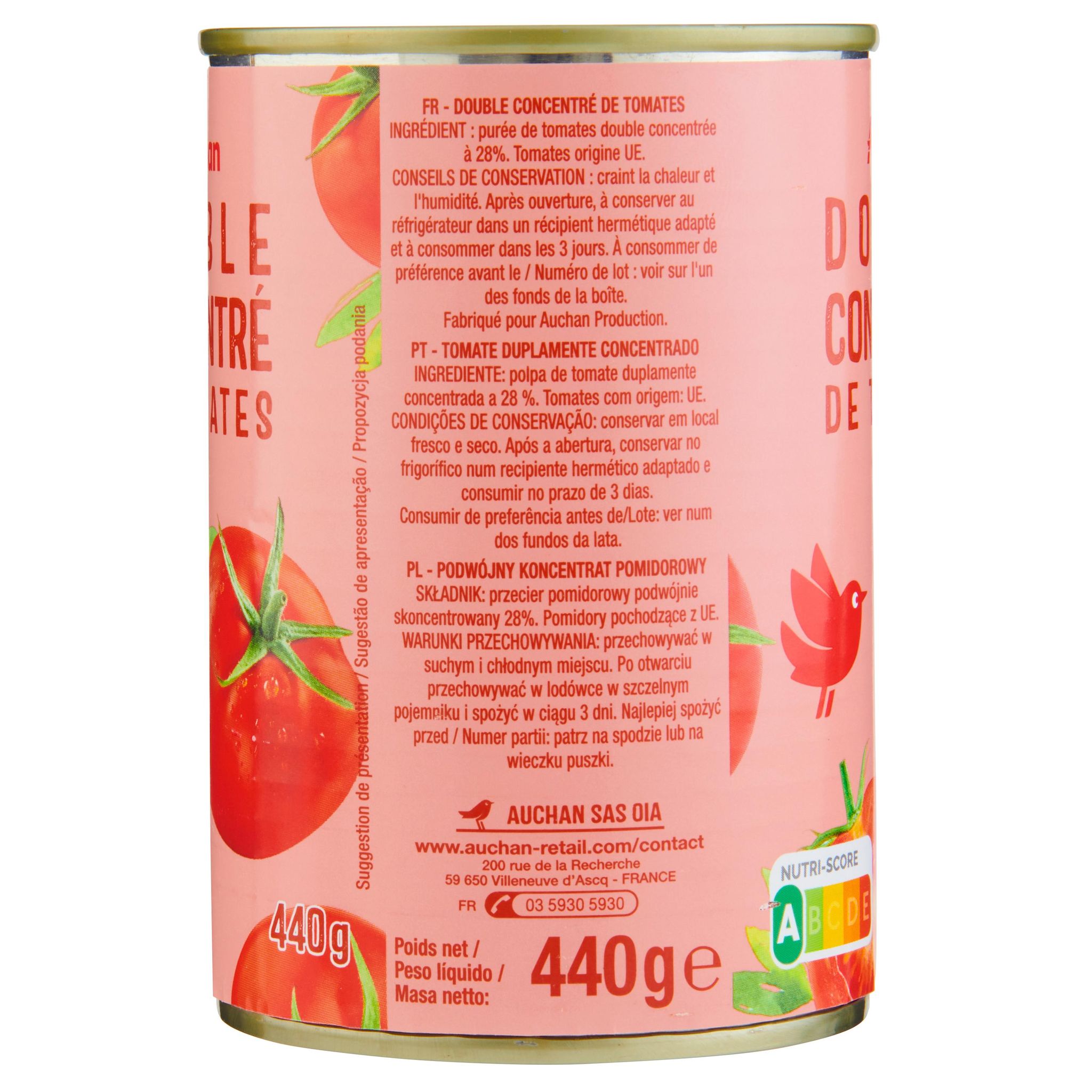 Voir la diapositive 2 : AUCHAN Double concentré de tomates 440g