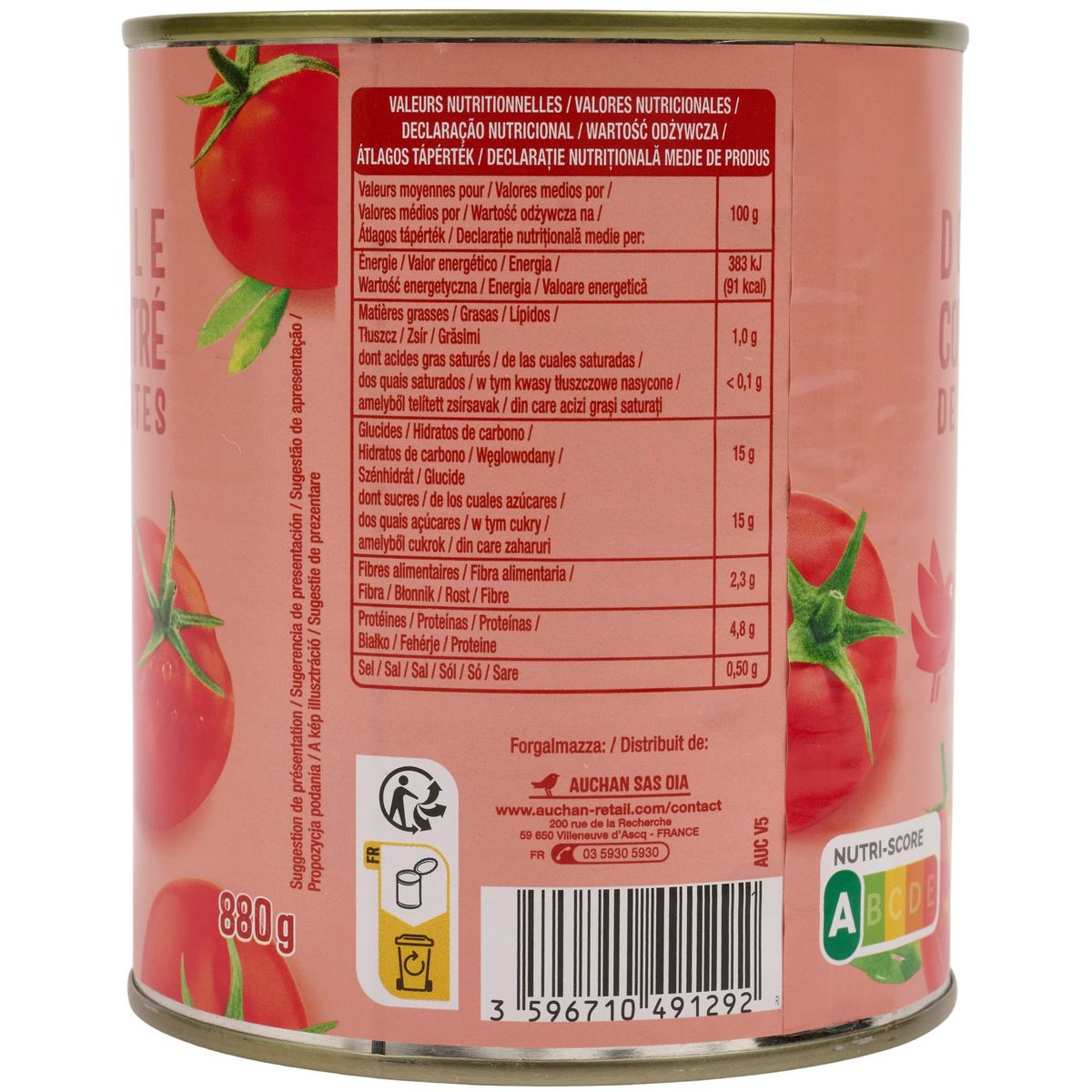 AUCHAN Double concentré de tomates 880g