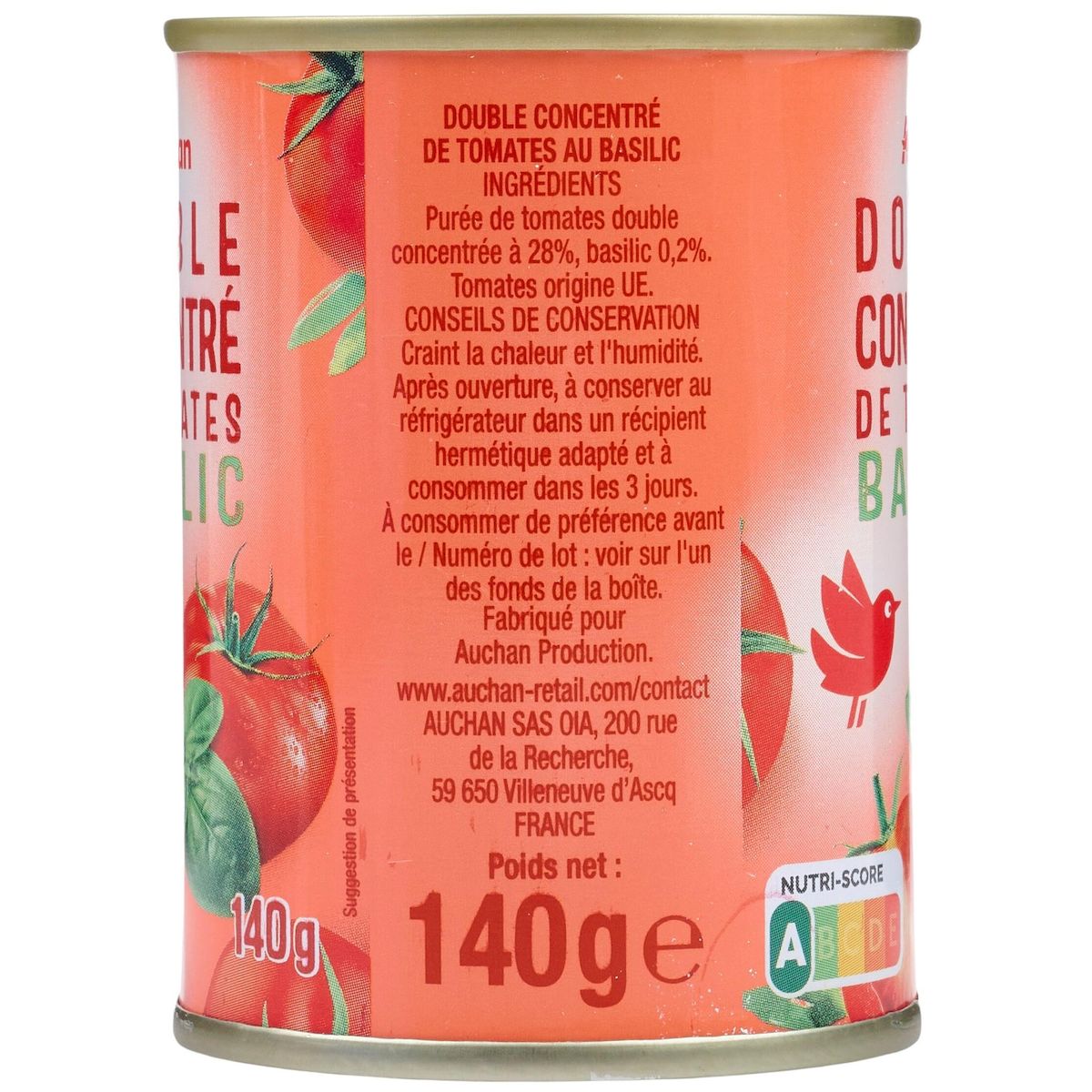 AUCHAN Double concentré de tomates basilic 2x140g