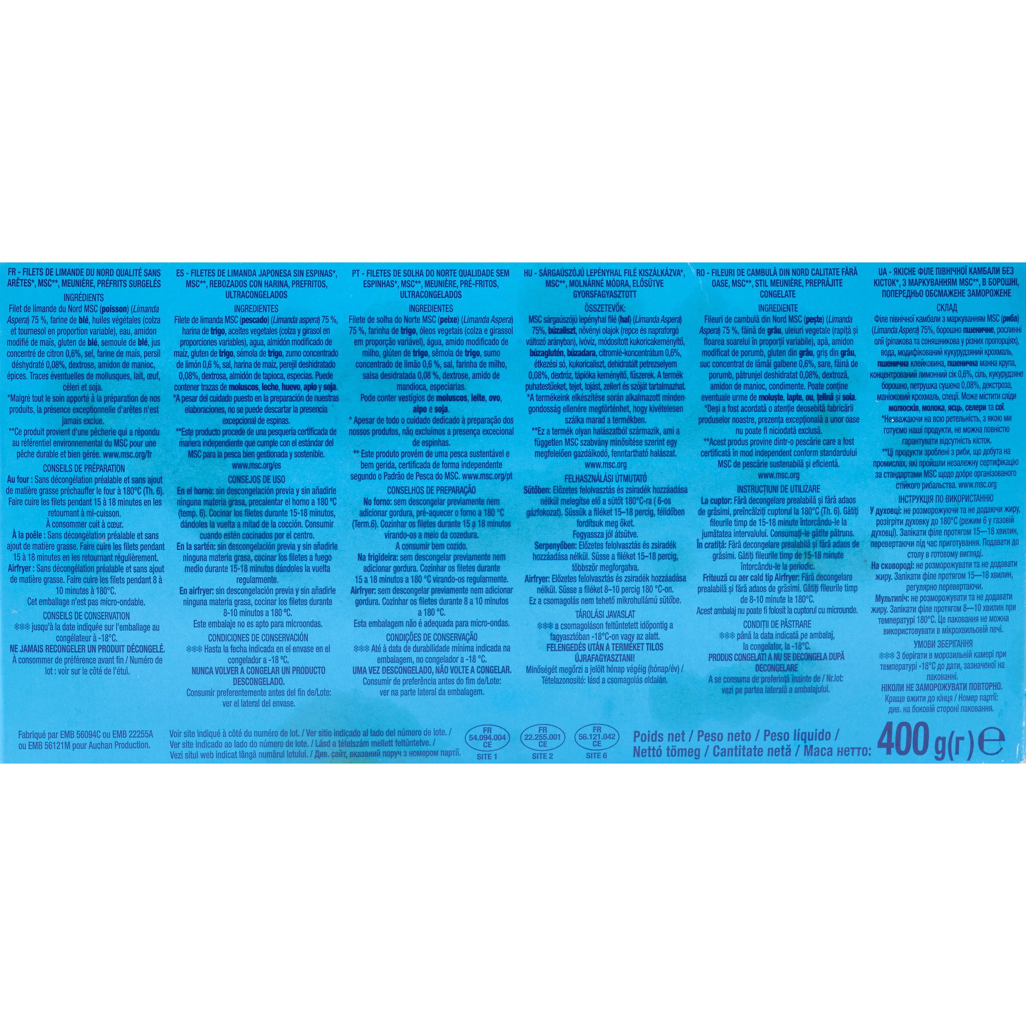 Voir la diapositive 3 : AUCHAN Filet de limande façon meunière MSC 4-5 filets 400g
