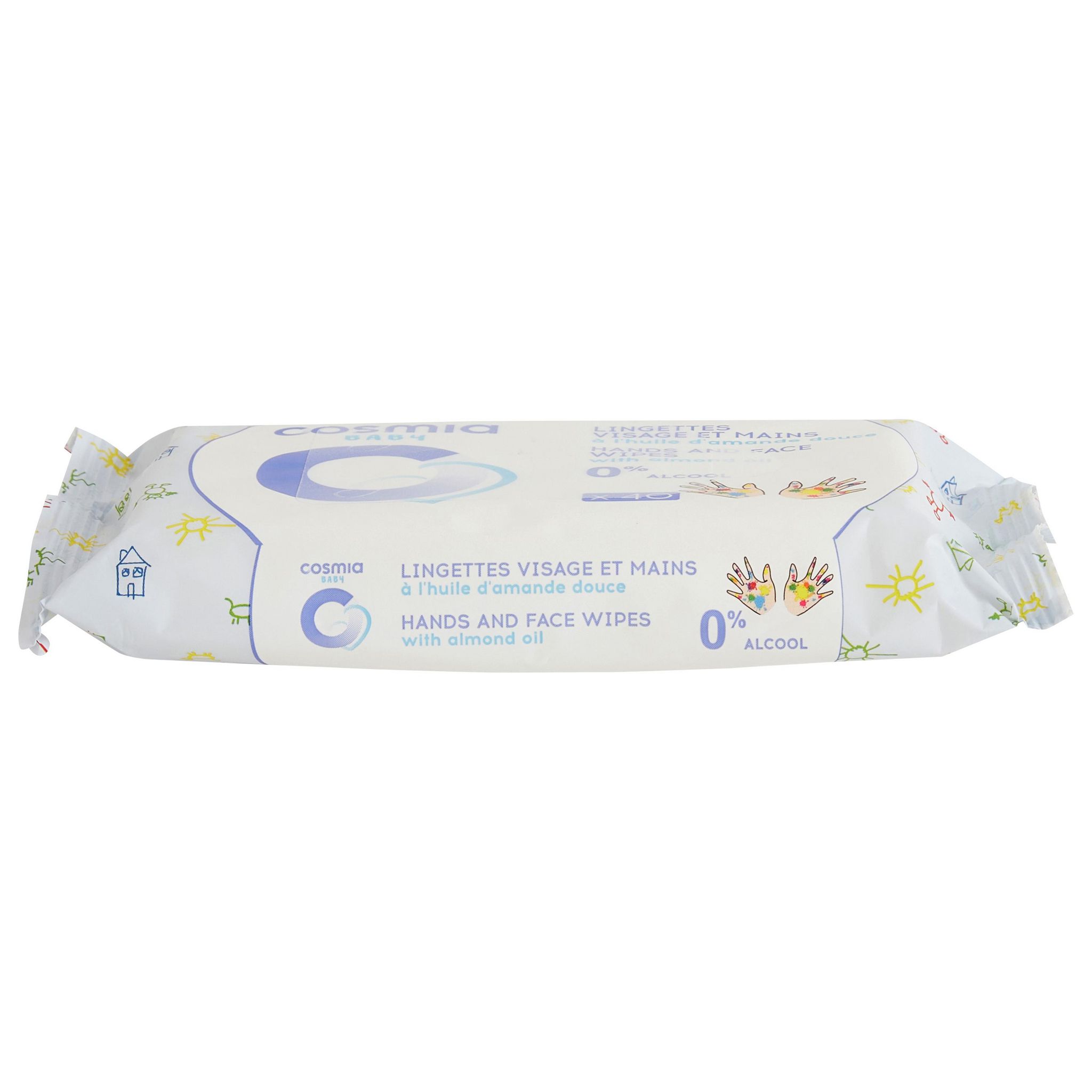 Voir la diapositive 3 : COSMIA BABY Lingettes visage et mains à l'huile d'amande douce 40 lingettes
