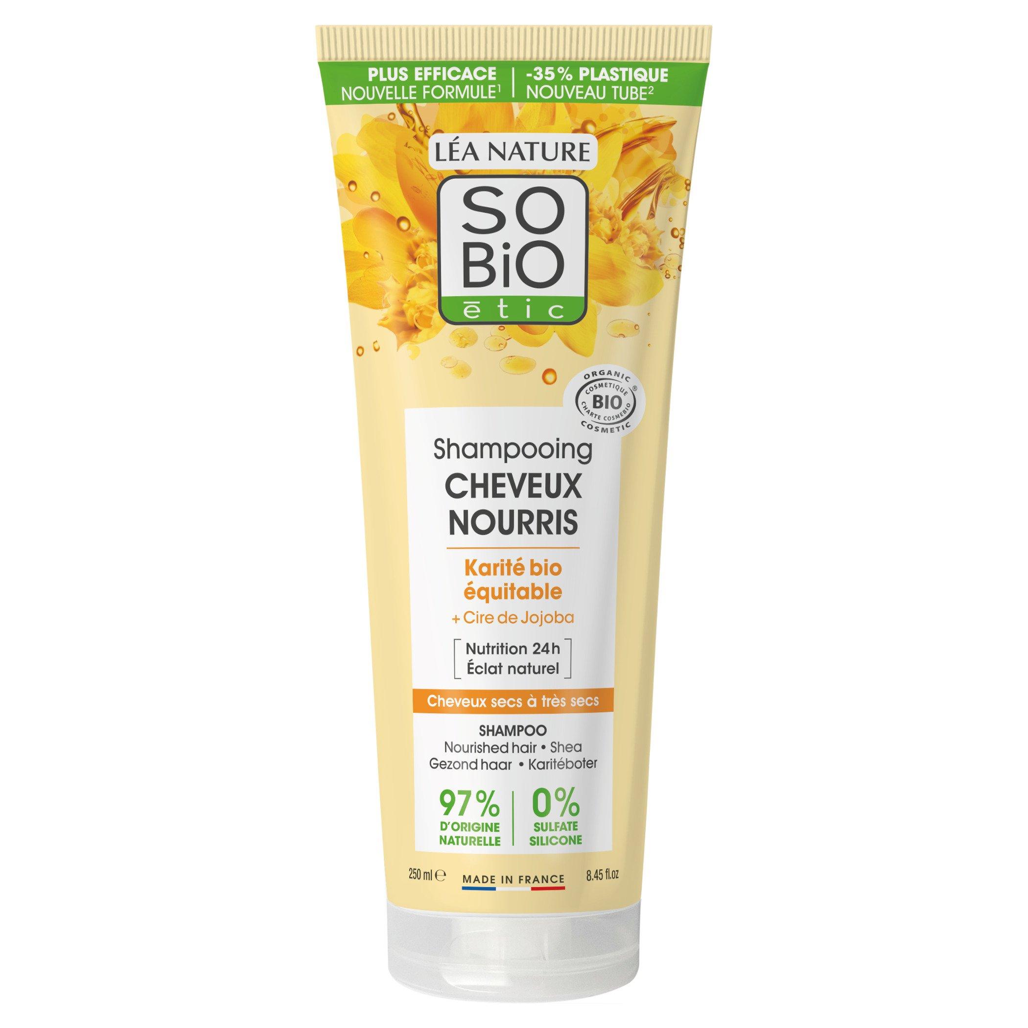 Voir la diapositive 2 : SO BIO ETIC Shampoing cheveux nourris karité + cire jojoba cheveux secs à très secs 250ml