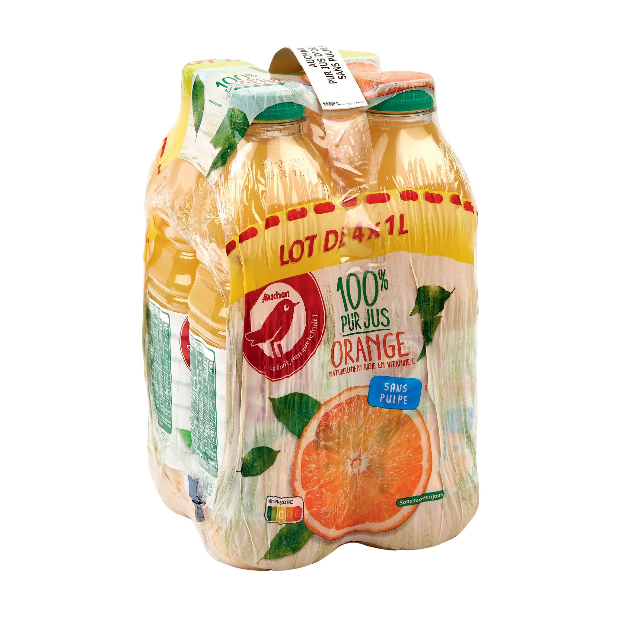 Voir la diapositive 2 : AUCHAN Pur jus d'orange sans pulpe 4x1l