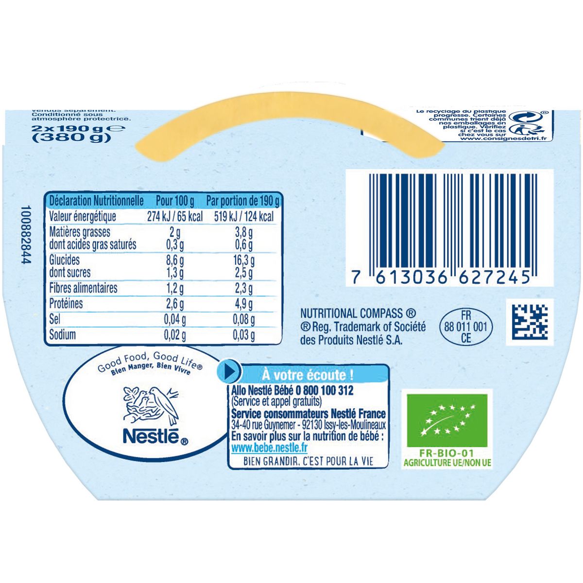 NESTLE Naturnes bio bol panais pomme de terre et dinde dès 6 mois 2x190g
