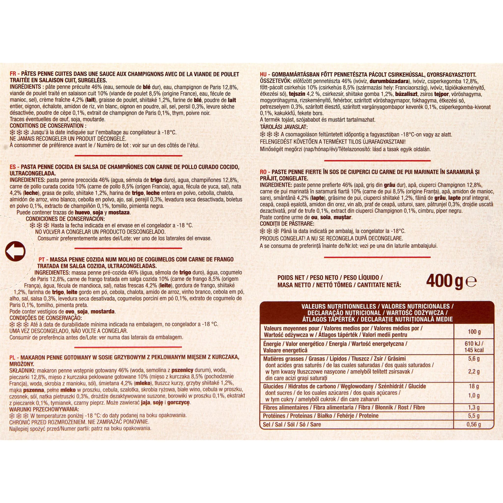 Voir la diapositive 2 : AUCHAN Penne poulet et champignon XXL 1 portion 400g