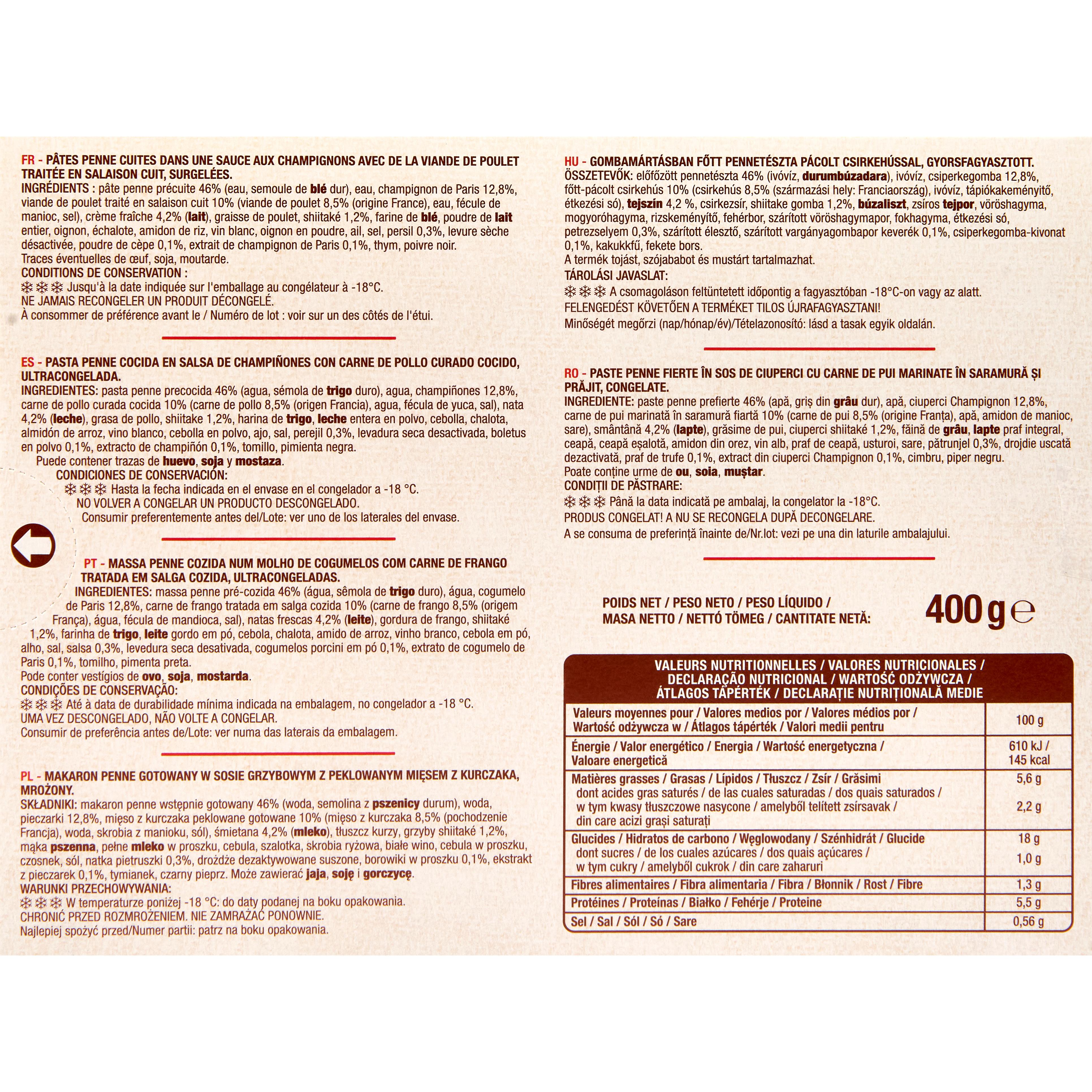 Voir la diapositive 3 : AUCHAN Penne poulet et champignon XXL 1 portion 400g