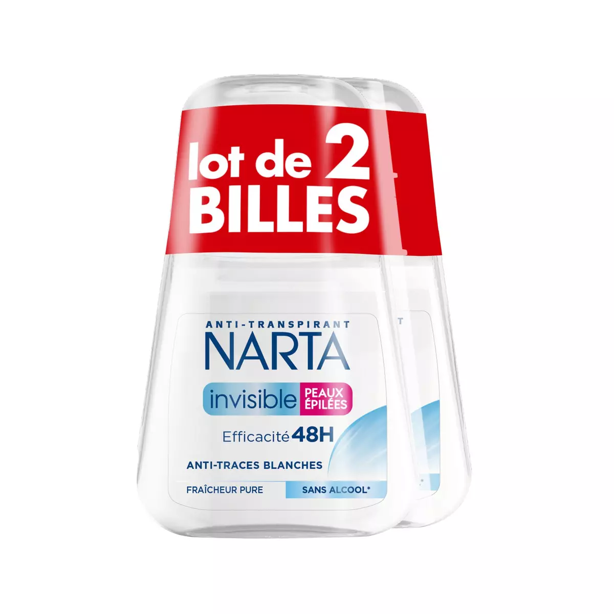 NARTA Déodorant bille invisible fraîcheur pure 48h anti-traces peaux épilées 2x50ml