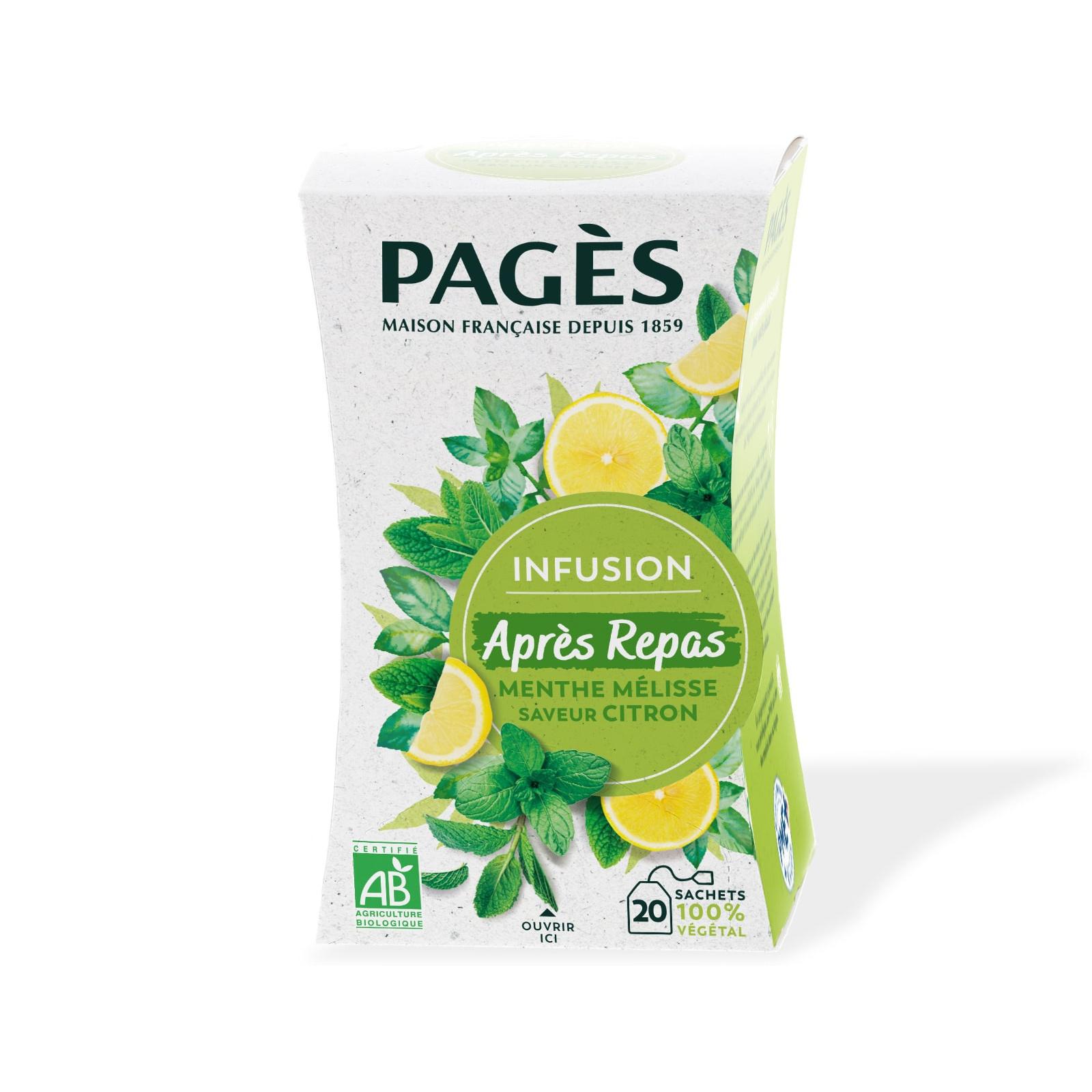 Voir la diapositive 2 : PAGES Infusion bio après-repas citron menthe mélisse 20 sachets 30g