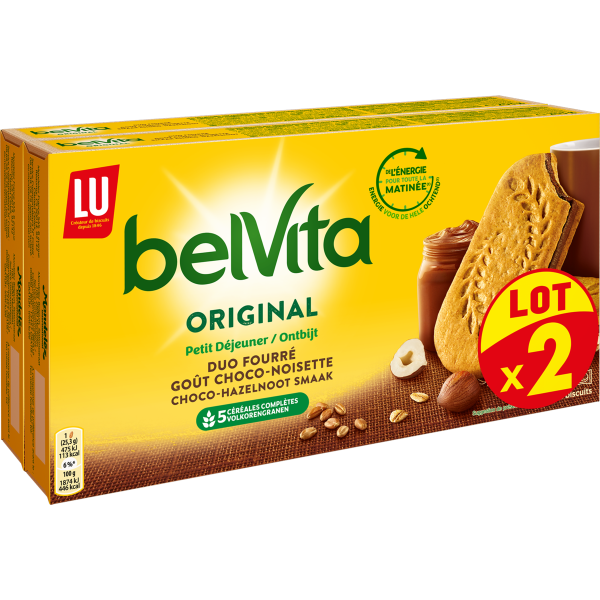 BELVITA Duo fourré Biscuits aux céréales fourrés chocolat noisette 2 paquets 506g