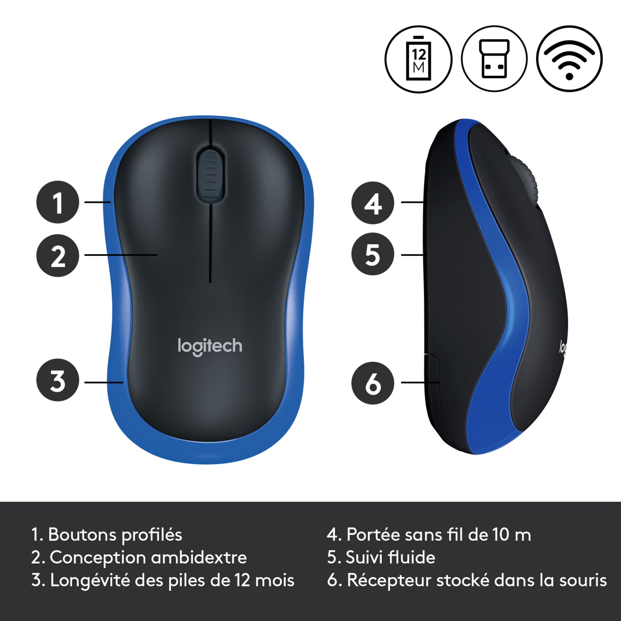 Voir la diapositive 8 : LOGITECH Souris sans Fil M185 Optique Bleue