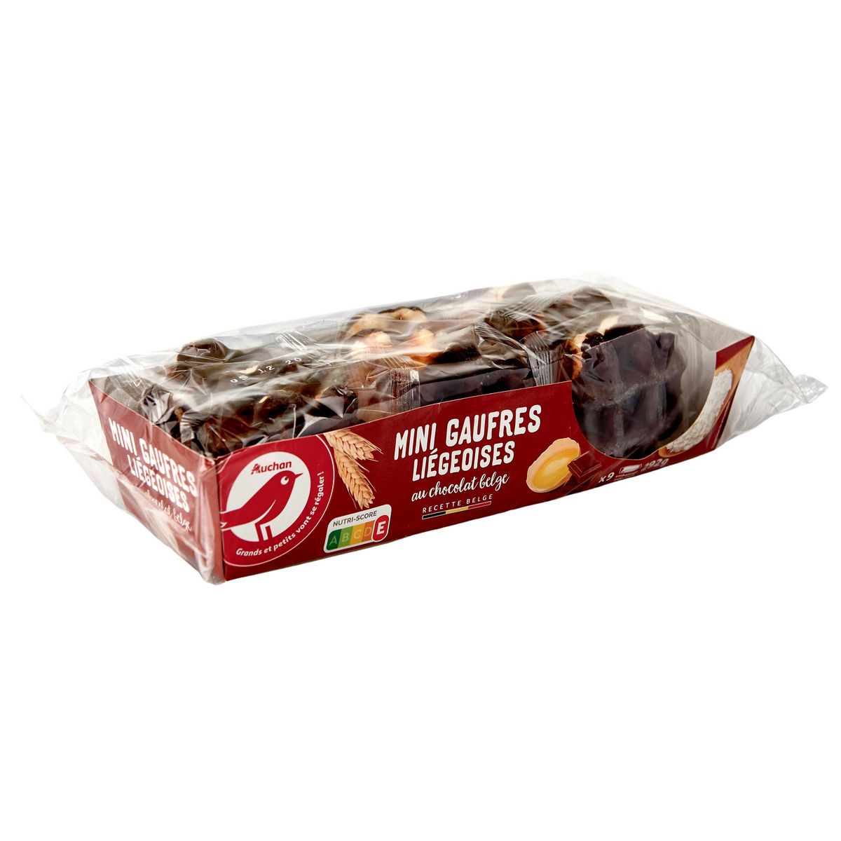AUCHAN Mini gaufres liégeoises au chocolat belge sachets individuels 9 gaufres 292g