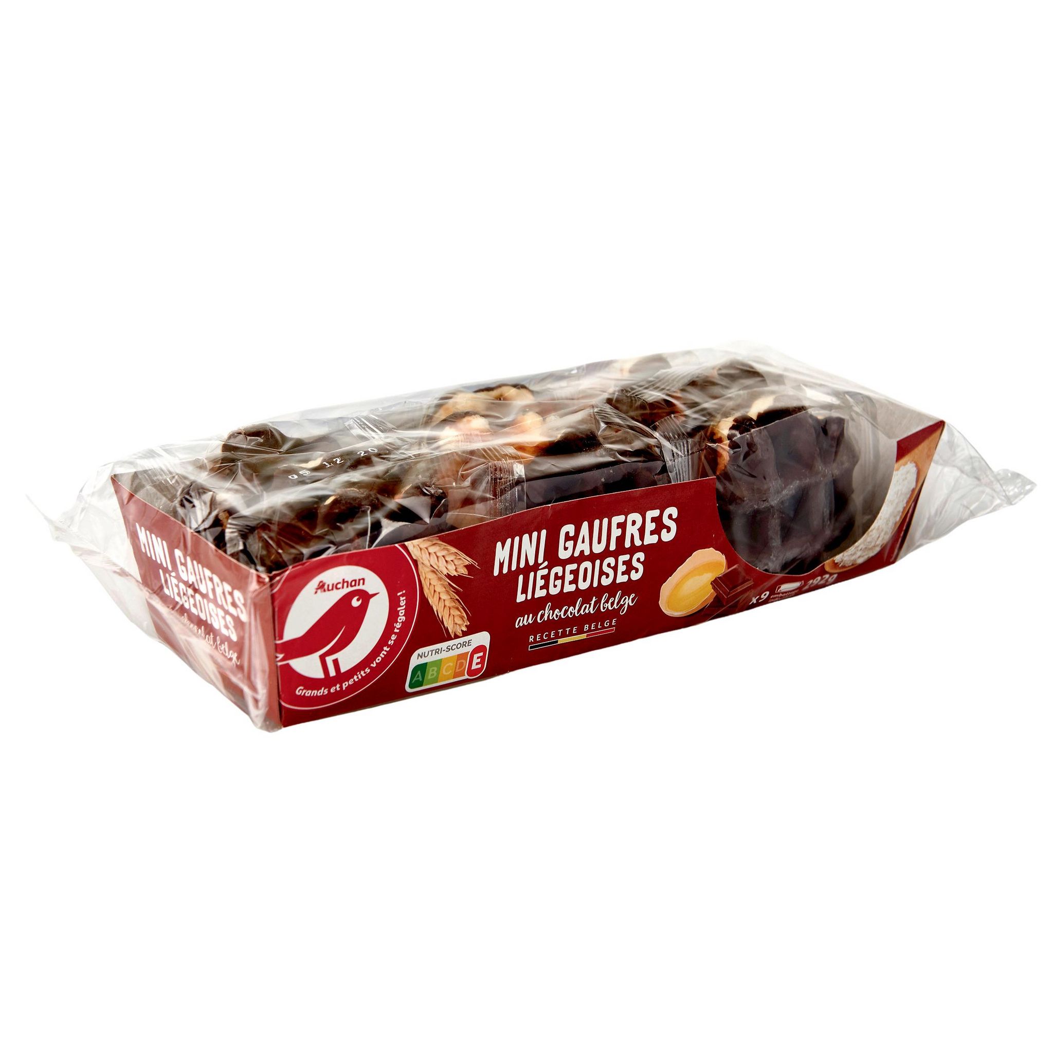 Voir la diapositive 2 : AUCHAN Mini gaufres liégeoises au chocolat belge sachets individuels 9 gaufres 292g