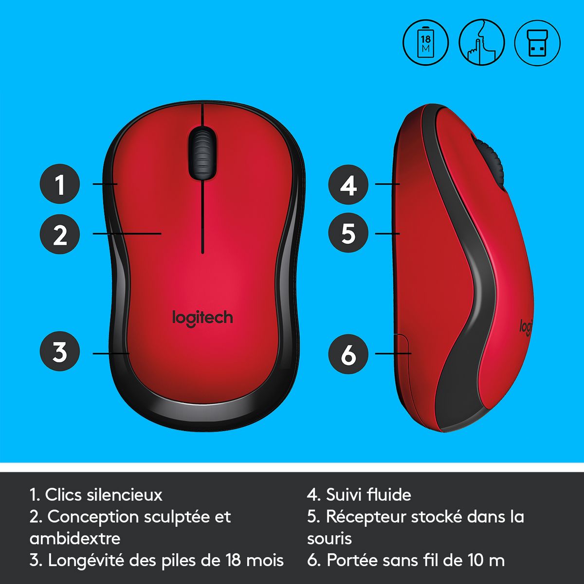 LOGITECH Souris Sans Fil M220 Silencieuse Rouge