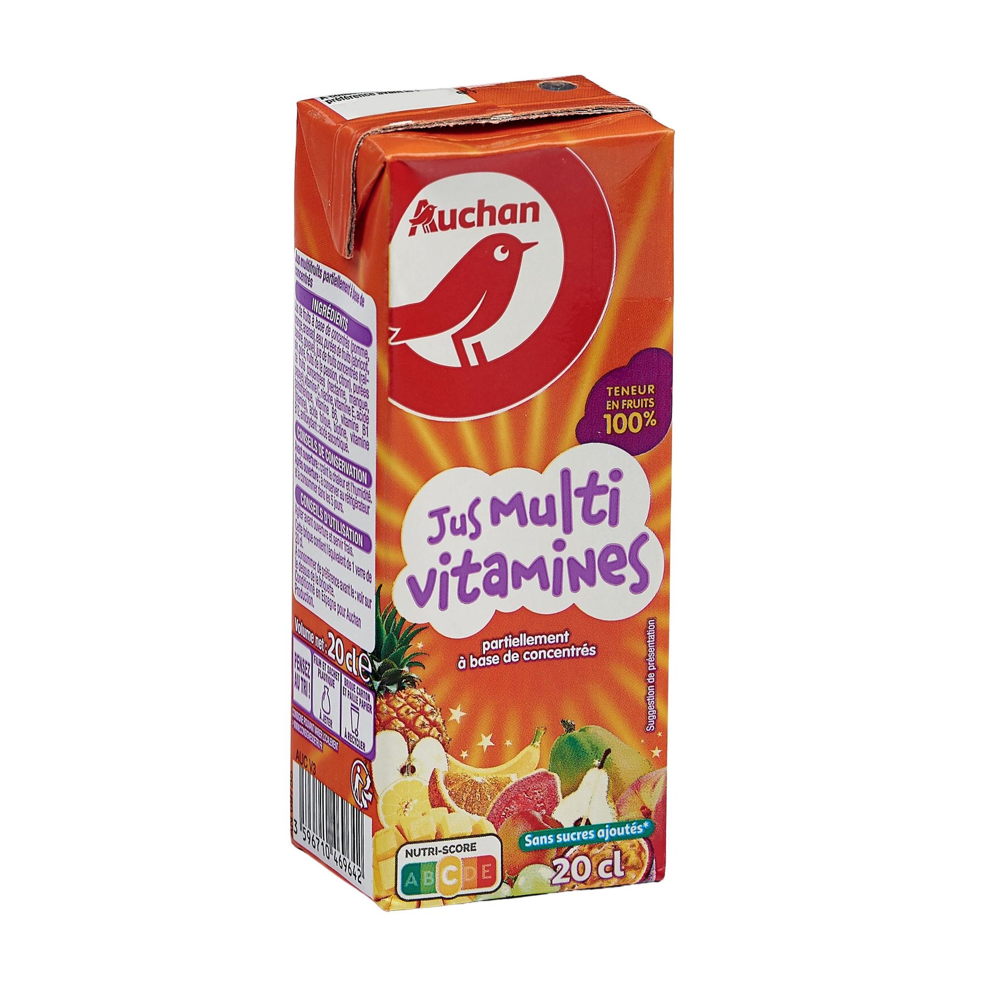 Voir la diapositive 2 : AUCHAN Jus multivitamines en briquette 20cl