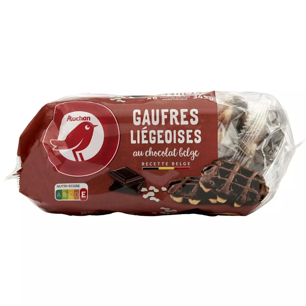 AUCHAN Gaufres liégeoises nappées au chocolat belge sachets individuels 6 gaufres 345g