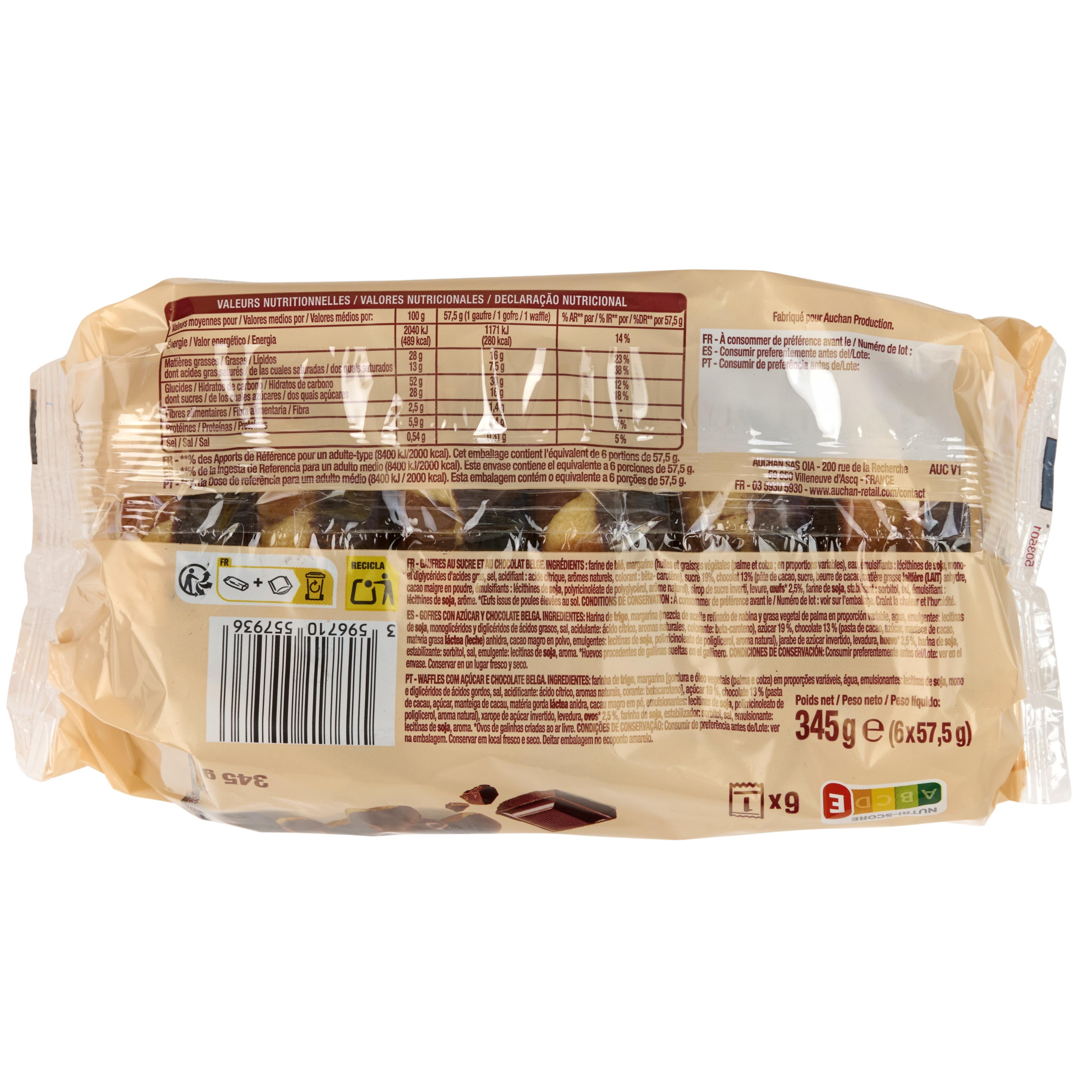 Voir la diapositive 2 : AUCHAN Gaufres liégeoises nappées au chocolat belge sachets individuels 6 gaufres 345g
