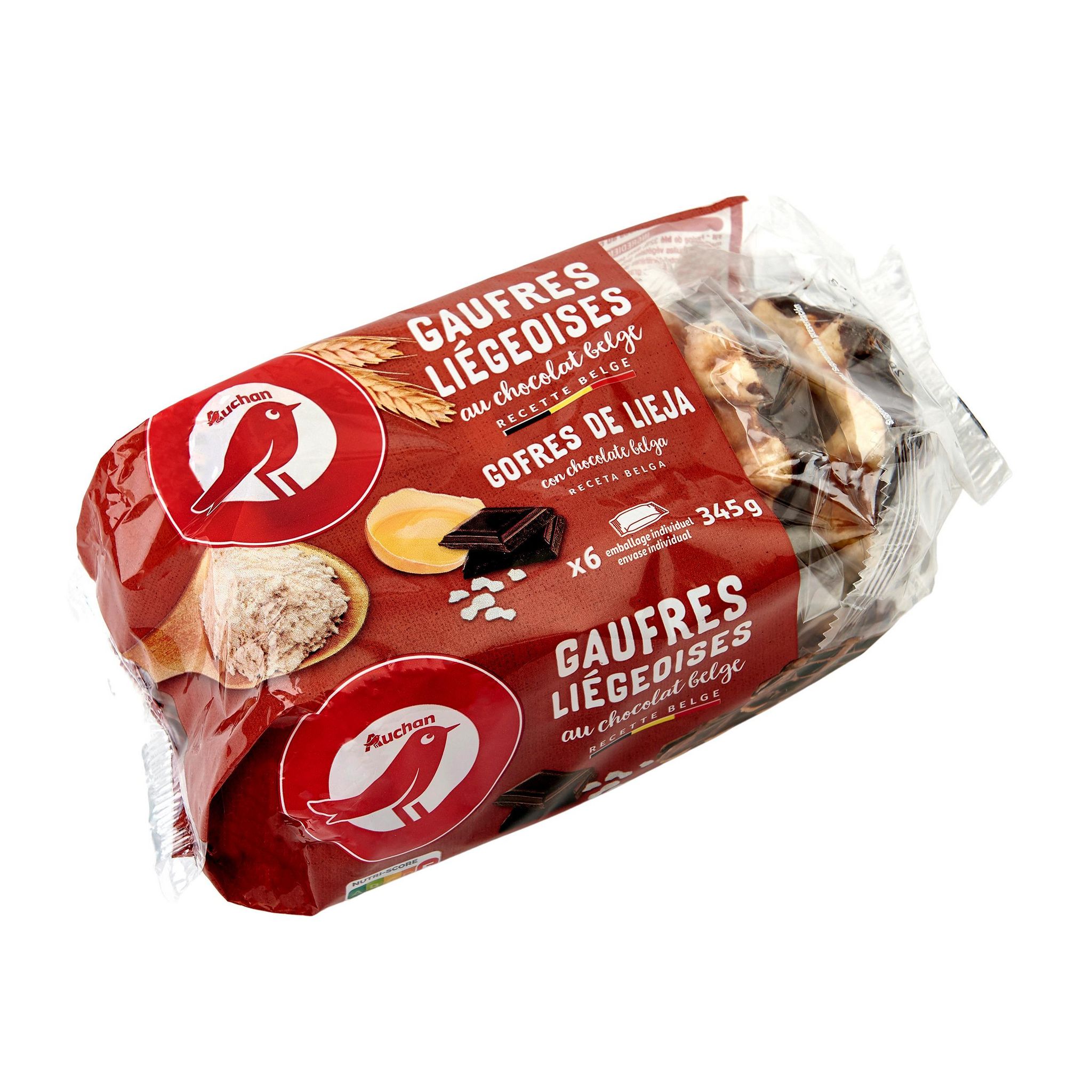 Voir la diapositive 2 : AUCHAN Gaufres liégeoises nappées au chocolat belge sachets individuels 6 gaufres 345g