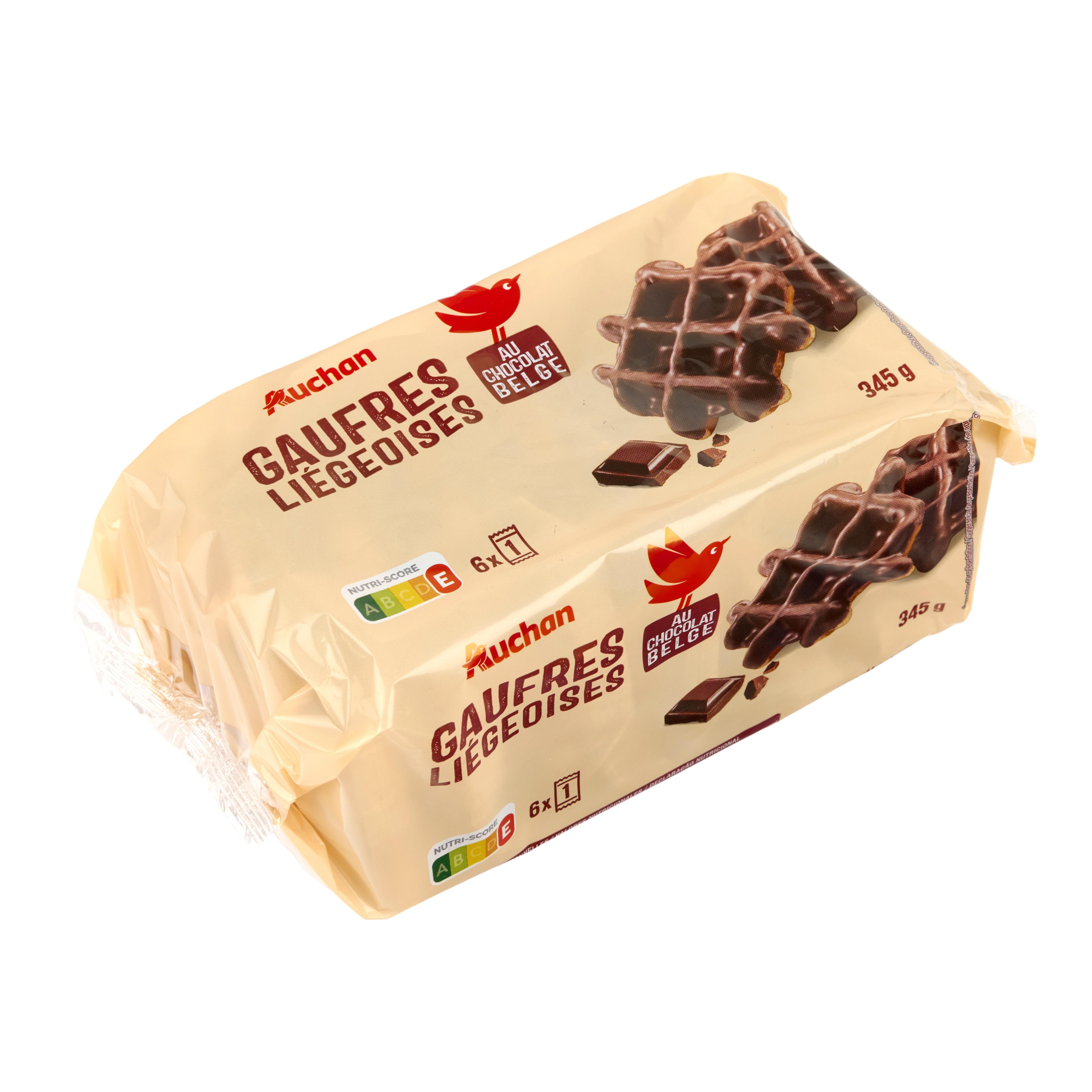 Voir la diapositive 3 : AUCHAN Gaufres liégeoises nappées au chocolat belge sachets individuels 6 gaufres 345g