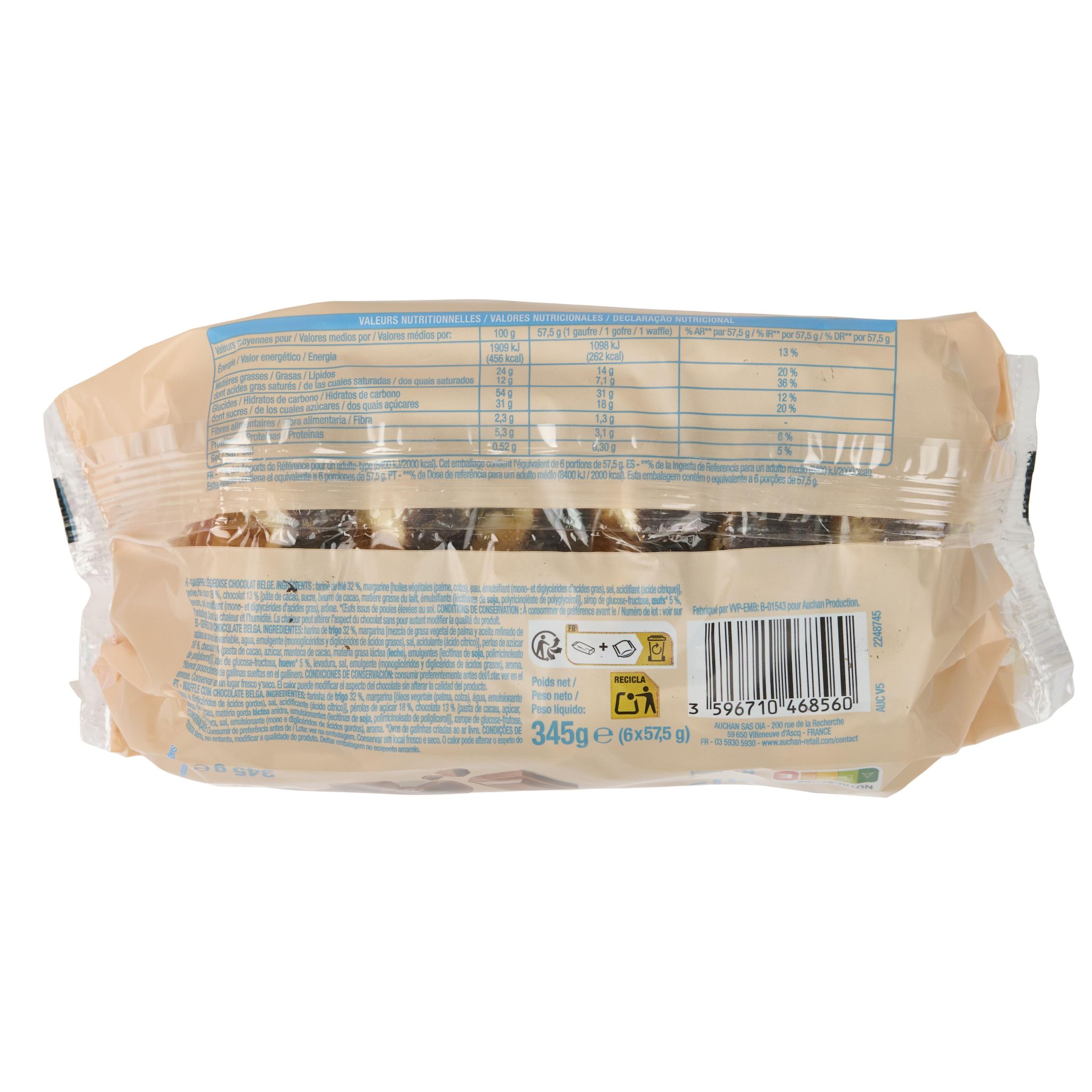 Voir la diapositive 3 : AUCHAN Gaufres liégeoises nappées au chocolat belge sachets individuels 6 gaufres 345g