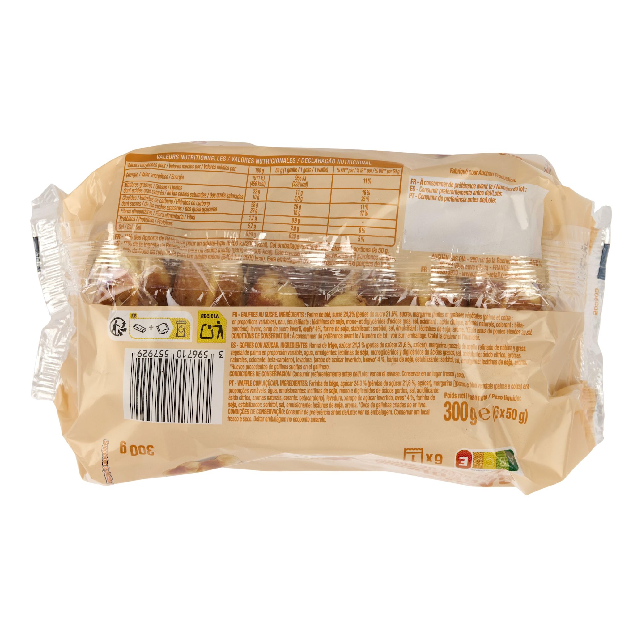 Voir la diapositive 3 : AUCHAN Gaufres liégeoises aux perles de sucre sachets individuels 6 gaufres 300g