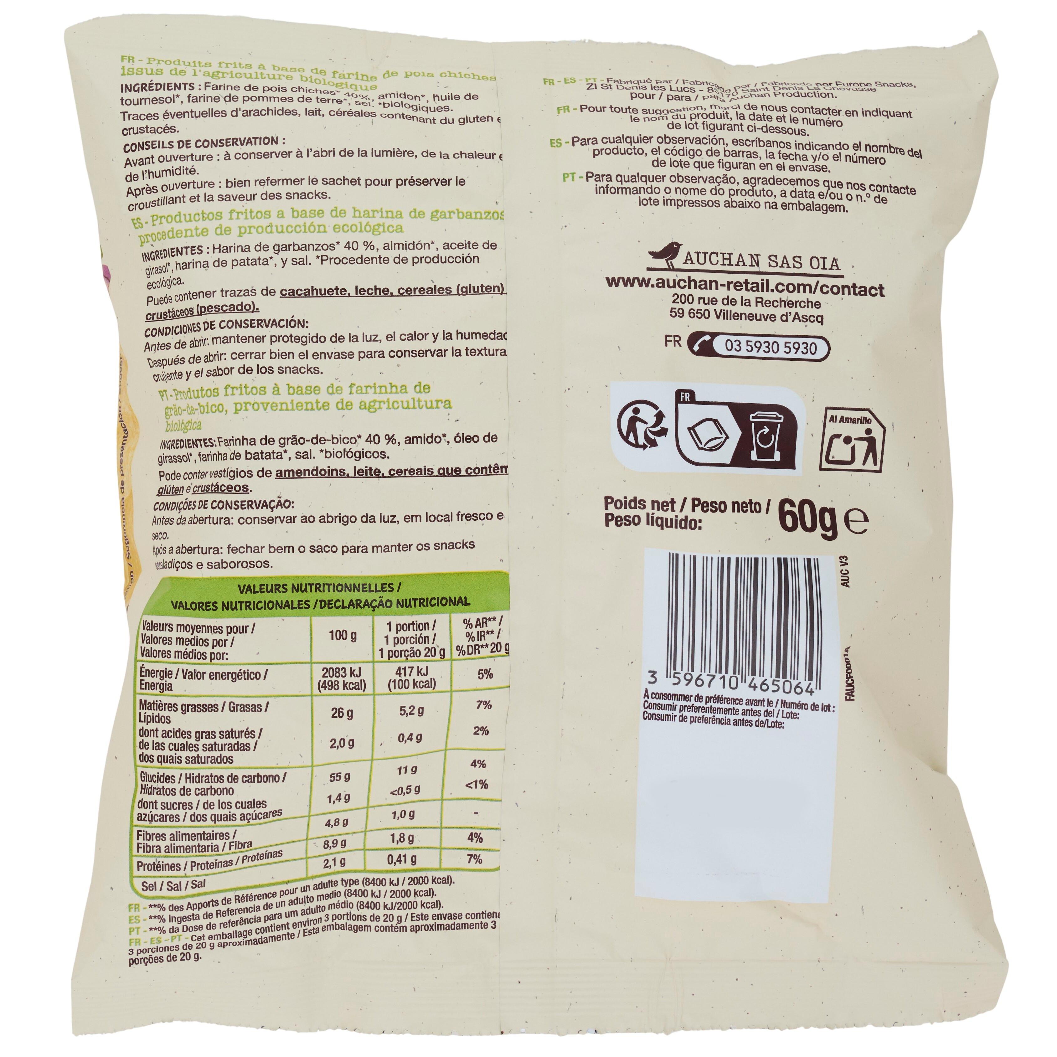 Voir la diapositive 2 : AUCHAN BIO Snacks à base de farine de pois chiches 60g