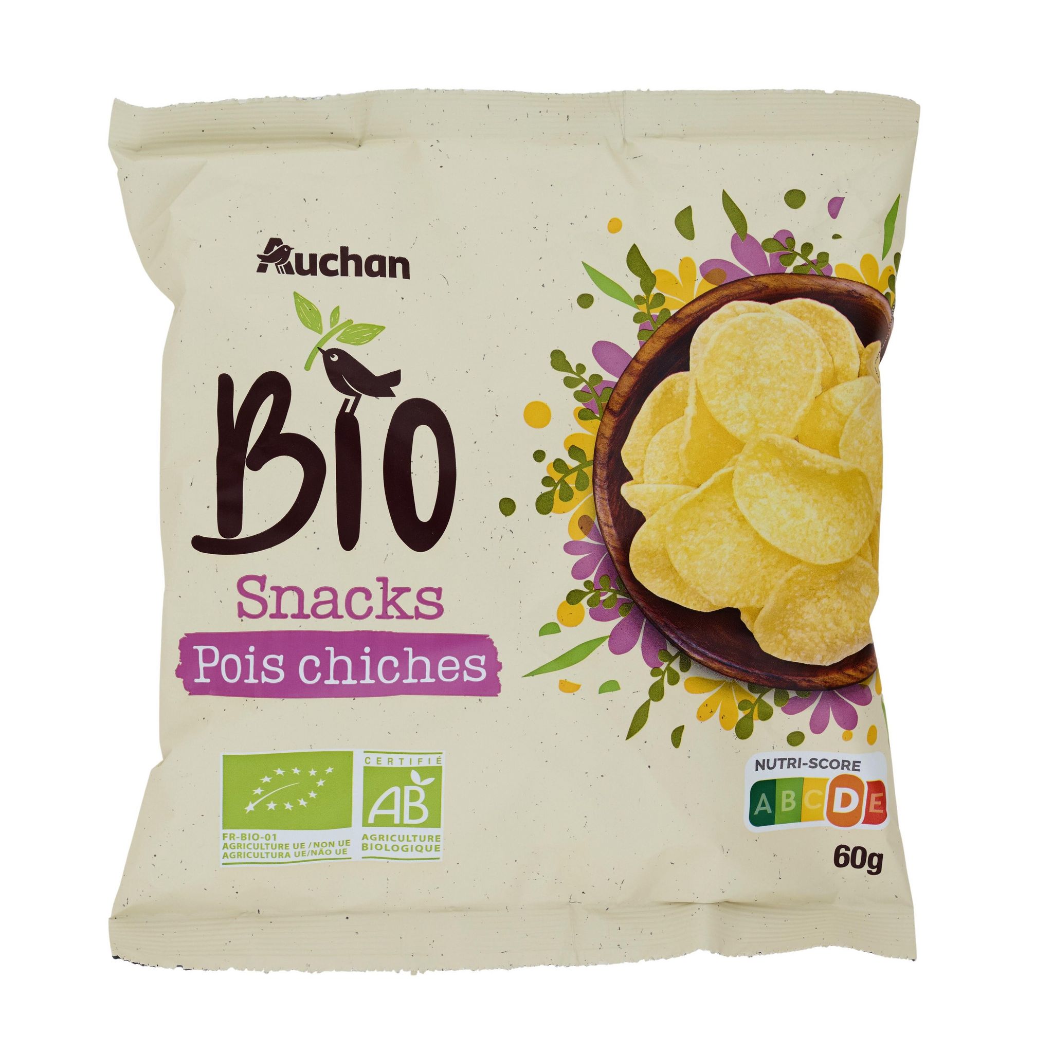 Voir la diapositive 2 : AUCHAN BIO Snacks à base de farine de pois chiches 60g