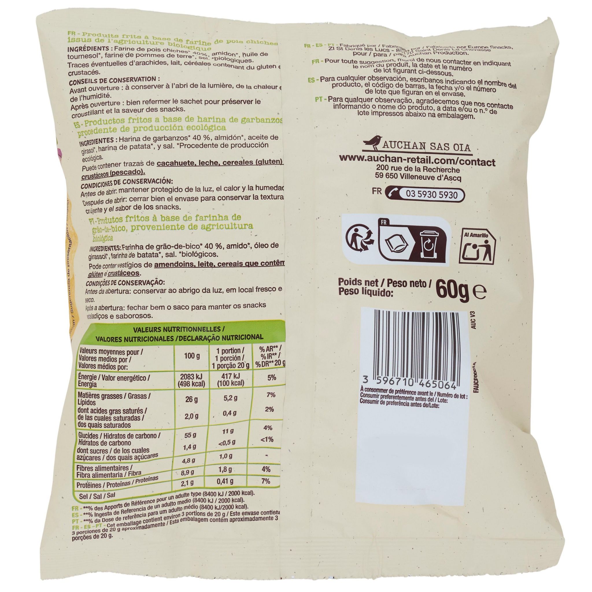 Voir la diapositive 3 : AUCHAN BIO Snacks à base de farine de pois chiches 60g