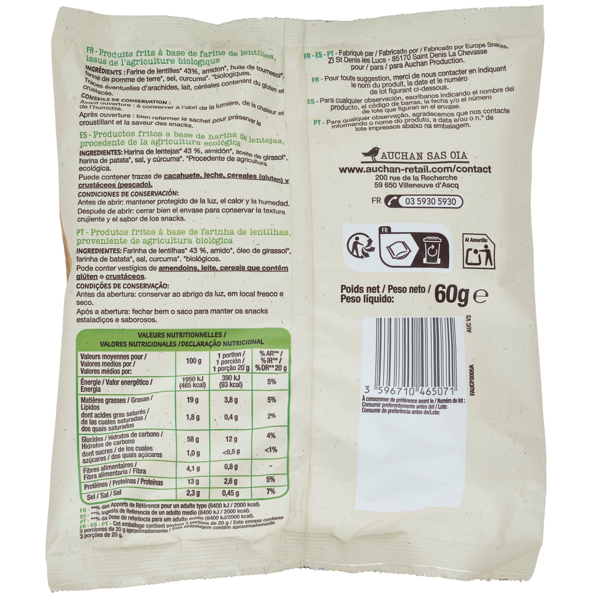 Voir la diapositive 2 : AUCHAN BIO Snacks à base de farine de lentilles 60g