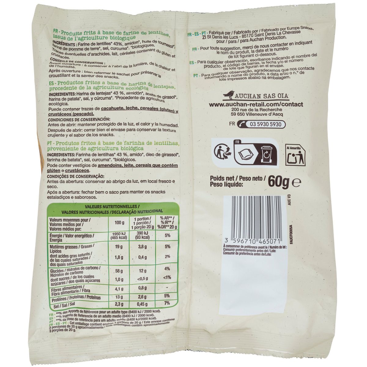 AUCHAN BIO Snacks à base de farine de lentilles 60g