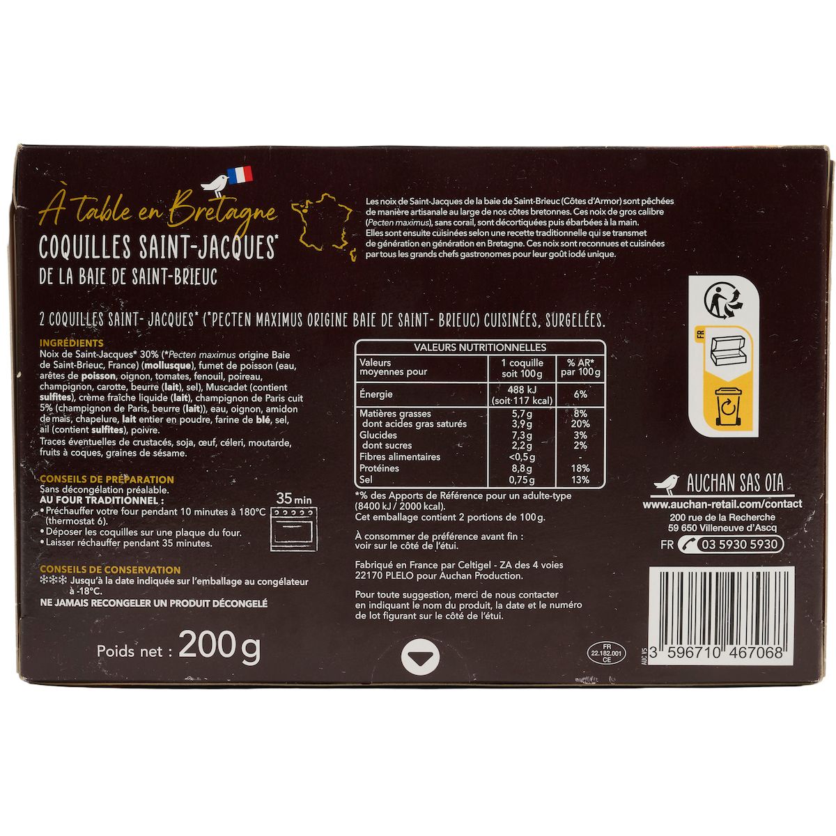 AUCHAN TERROIR Coquille Saint-Jacques de la Baie de Saint-Brieuc 2 pièces 200g