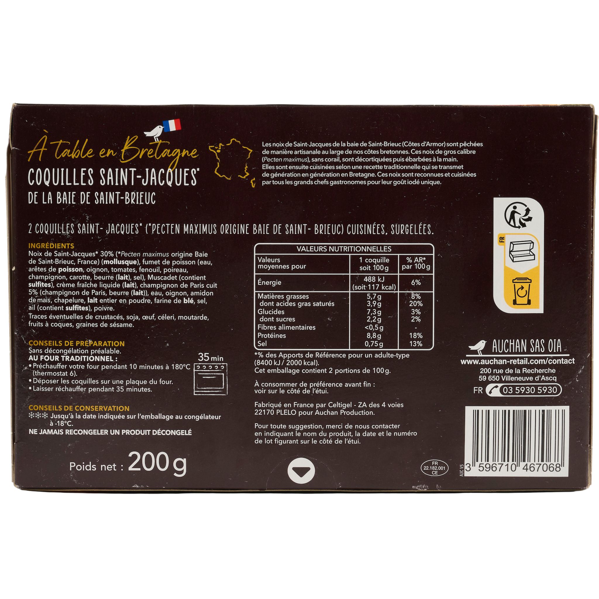 Voir la diapositive 4 : AUCHAN TERROIR Coquille Saint-Jacques de la Baie de Saint-Brieuc 2 pièces 200g