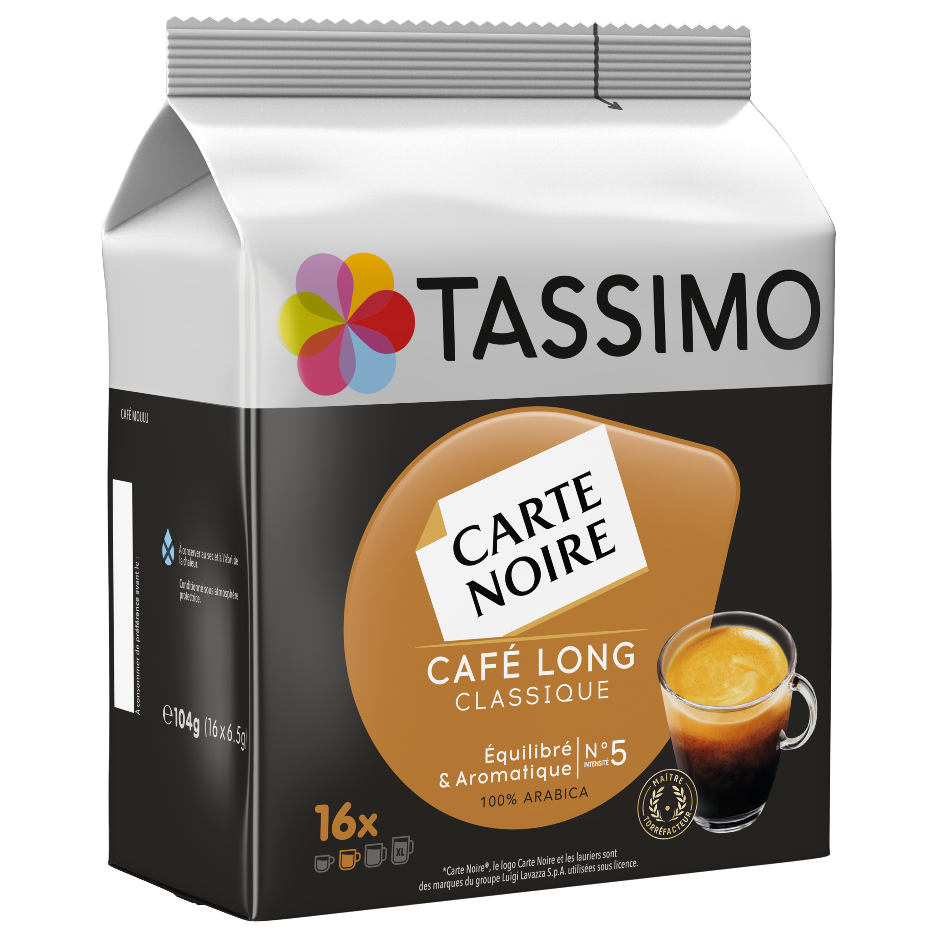 Voir la diapositive 4 : TASSIMO Dosettes de café long classique carte noire intensité 5 16 dosettes 104g