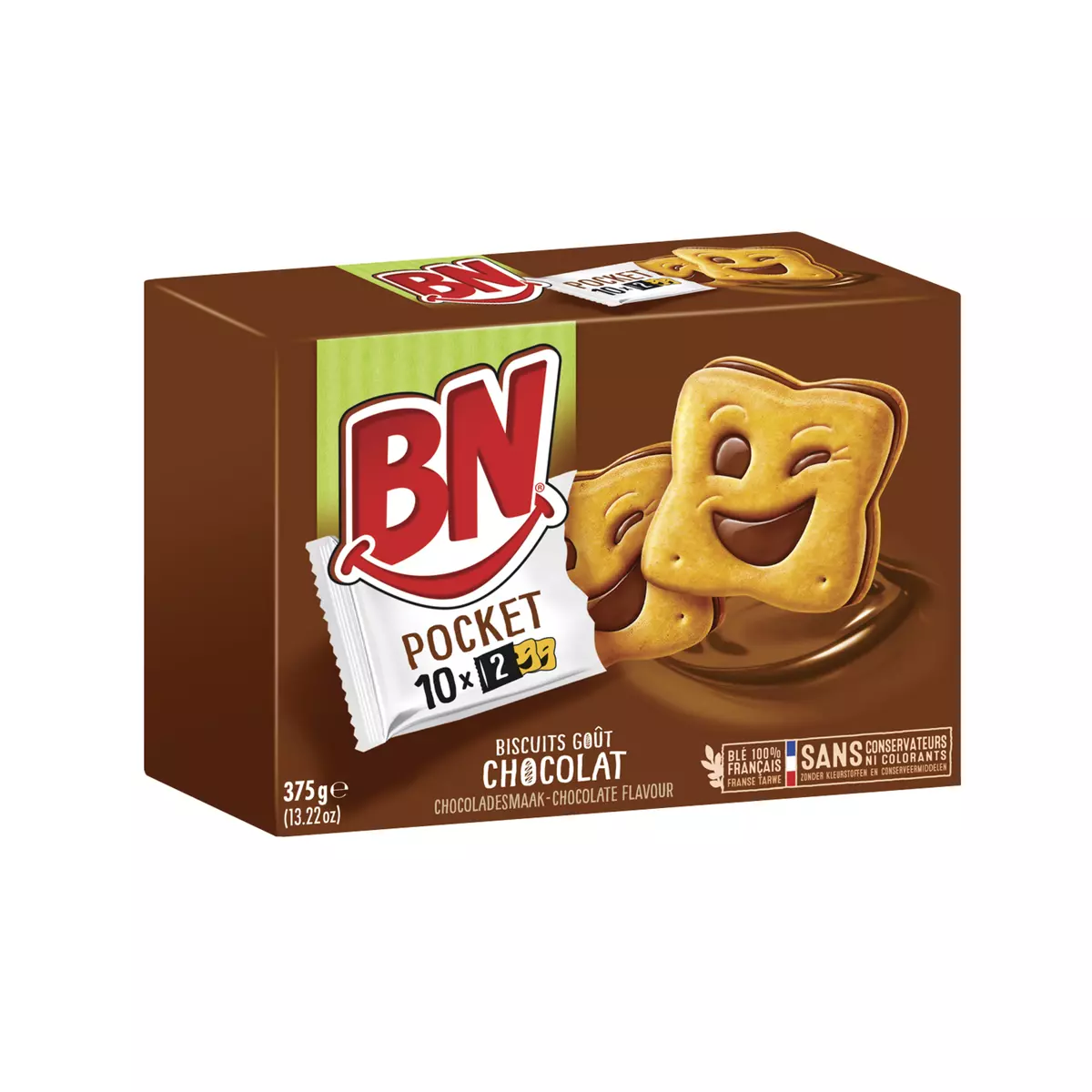 BN Biscuits pocket fourrés goût chocolat, sachets fraîcheur 10x2 biscuits 375g
