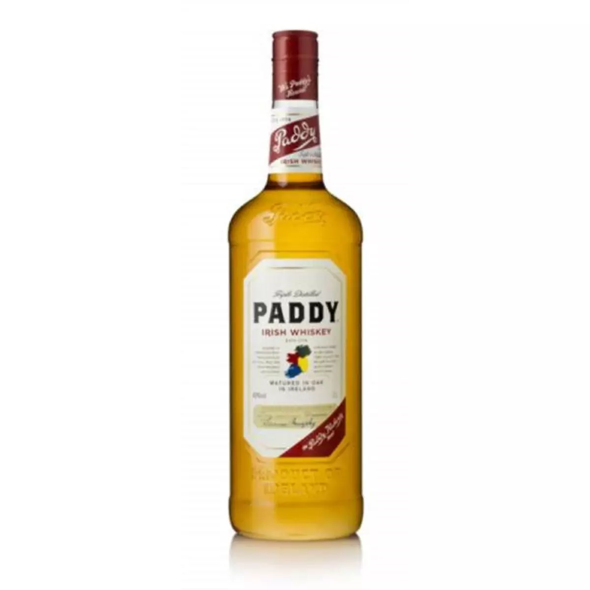 PADDY est un des plus doux de tous les Irish Whiskey ! Le fruit d’un assemblage de 3 whiskeys : le Pure Pot Still whiskey, le whiskey de grains et le whiskey de malts. Elaboré dans le comté de Cork depuis 1779, PADDY est issu d’une triple distillation en alambic à repasse et vieillit 3 ans en fûts de chêne. 1l