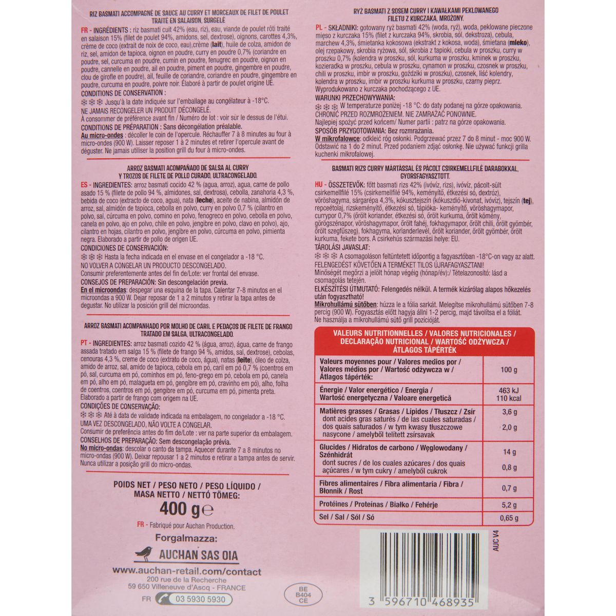 AUCHAN Poulet curry et riz basmati 1 portion 400g