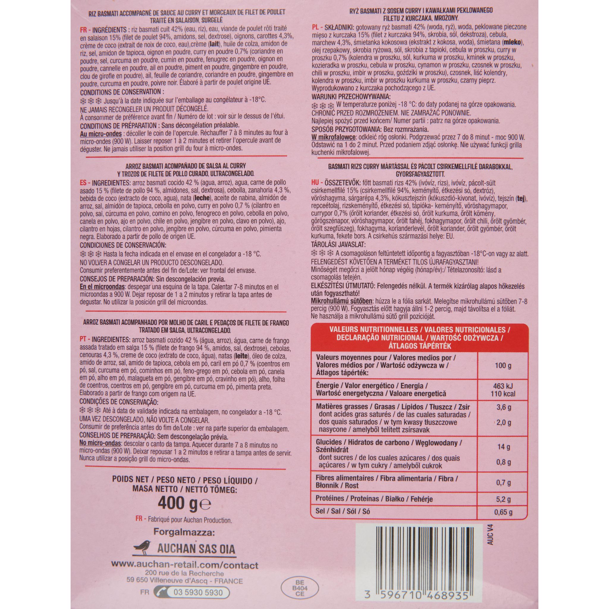Voir la diapositive 3 : AUCHAN Poulet curry et riz basmati 1 portion 400g