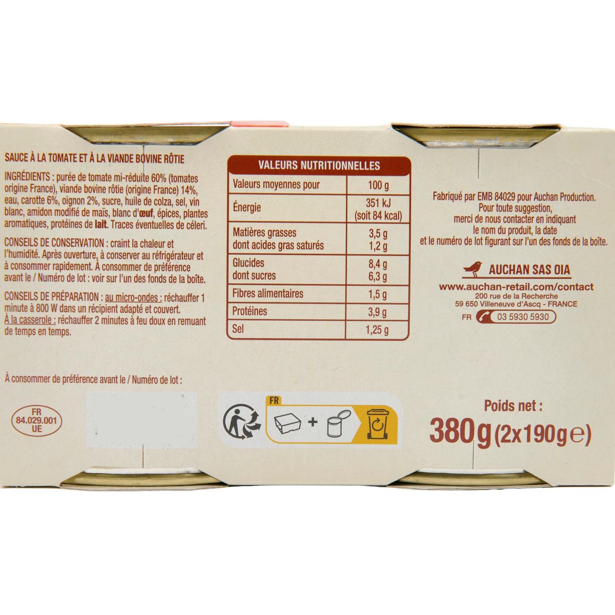 AUCHAN Sauce tomate à la viande de bœuf rôtie origine France 2x190g 380g