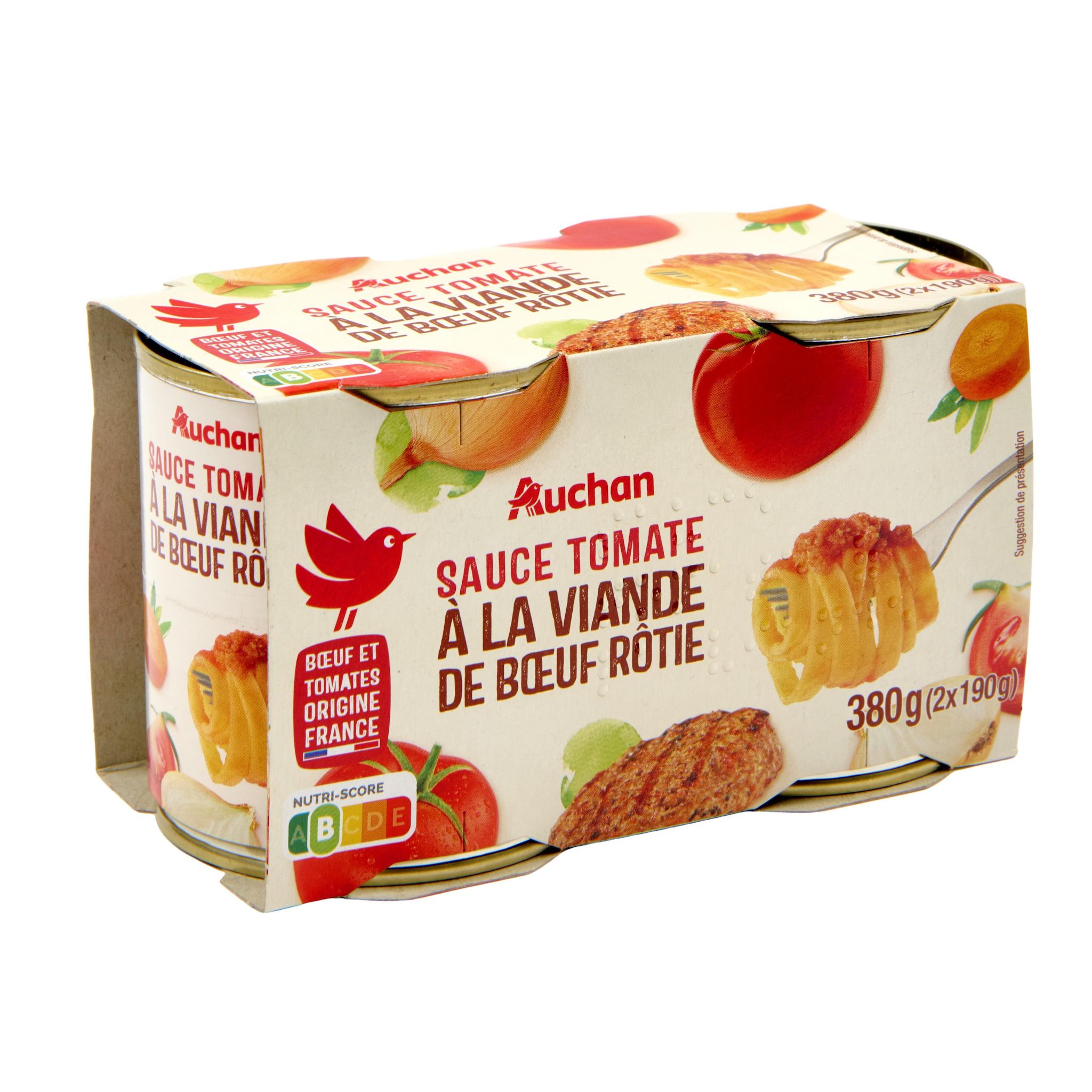 Voir la diapositive 2 : AUCHAN Sauce tomate à la viande de bœuf rôtie origine France 2x190g 380g