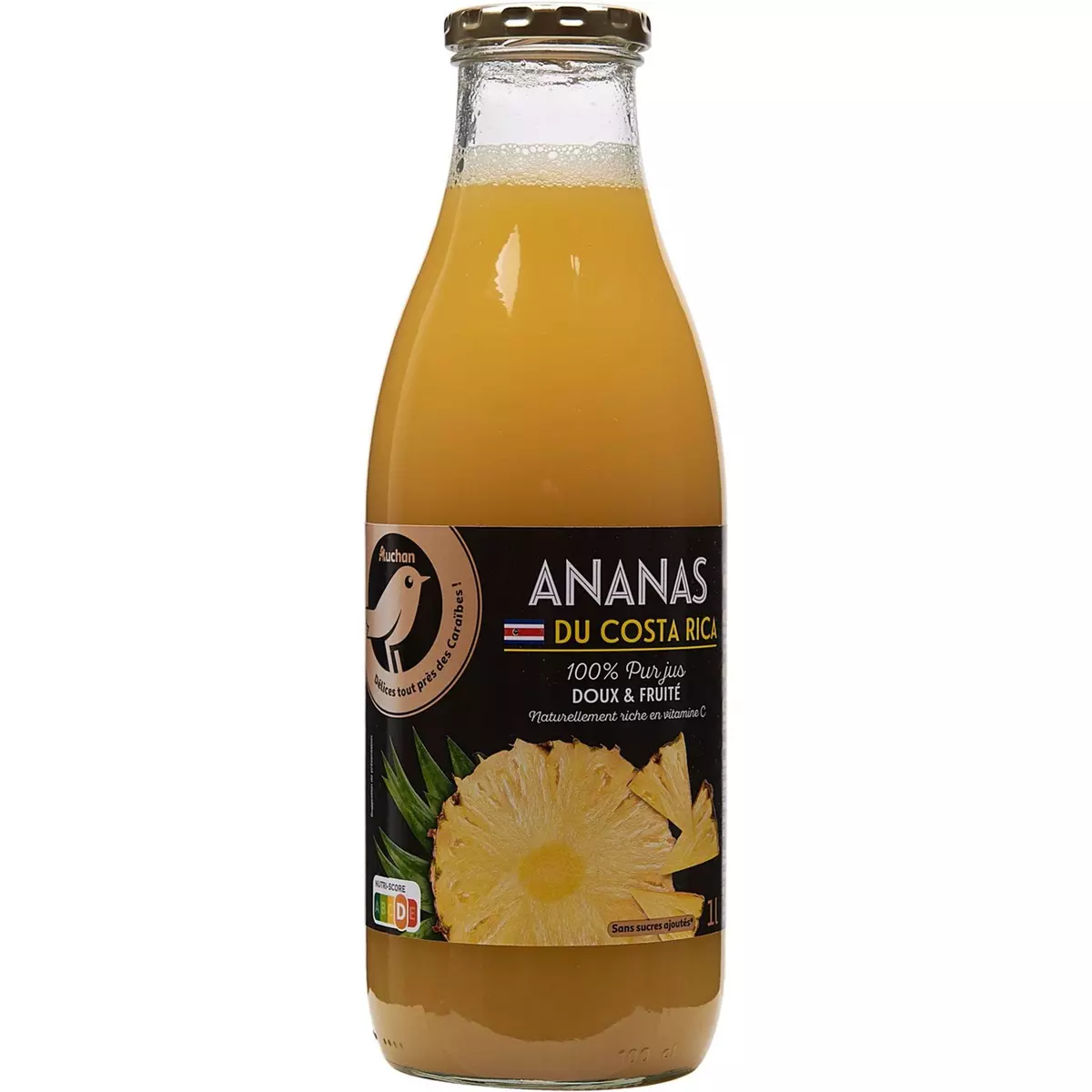 AUCHAN GOURMET Pur jus d'ananas du Costa Rica bouteille verre  1l