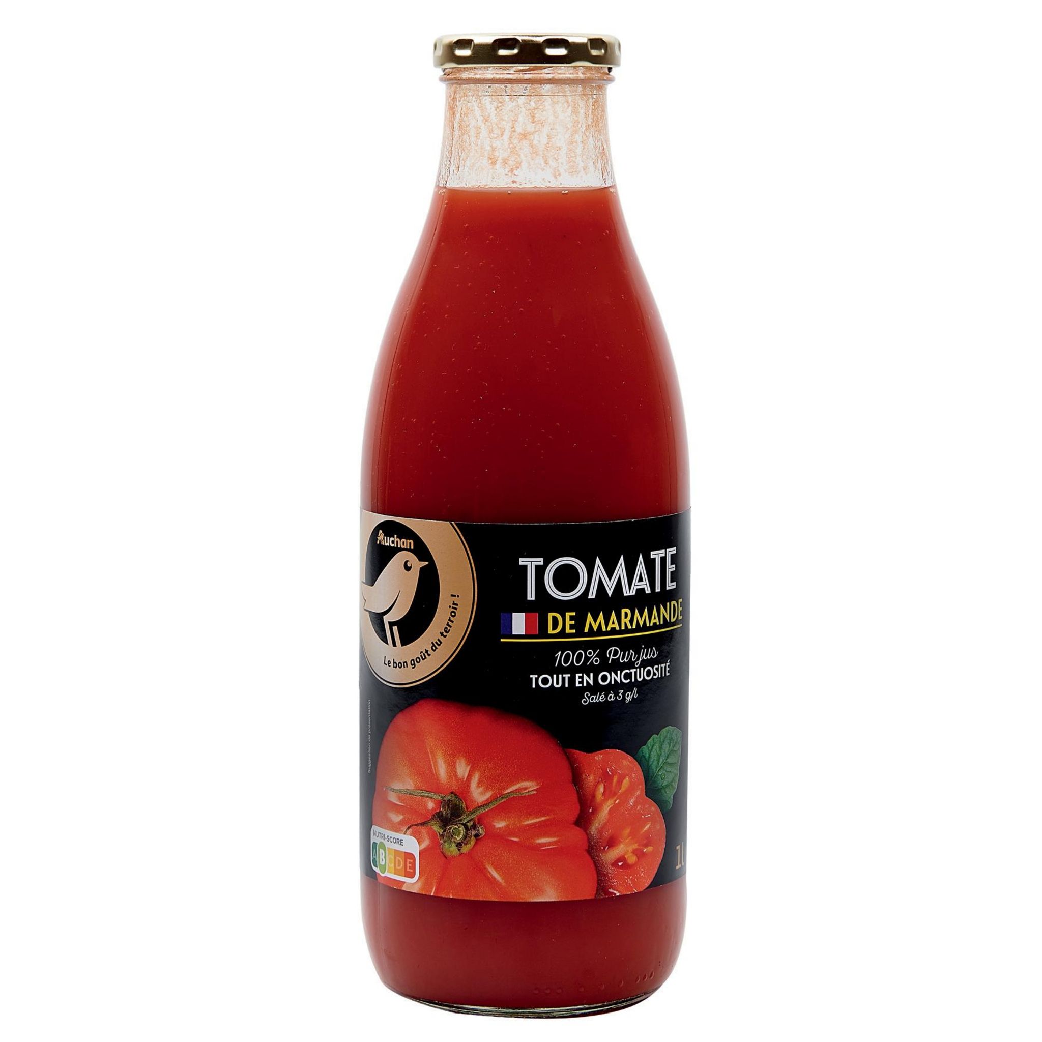 Voir la diapositive 2 : AUCHAN GOURMET Pur jus de tomate de Marmande bouteille verre  1l