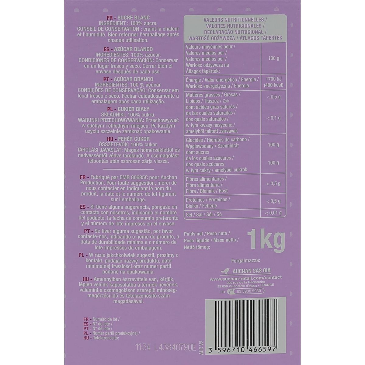 AUCHAN Sucre blanc en poudre 1kg