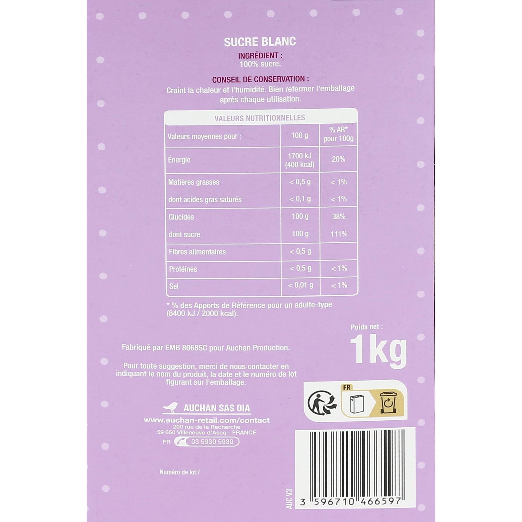 Voir la diapositive 3 : AUCHAN Sucre blanc en poudre 1kg