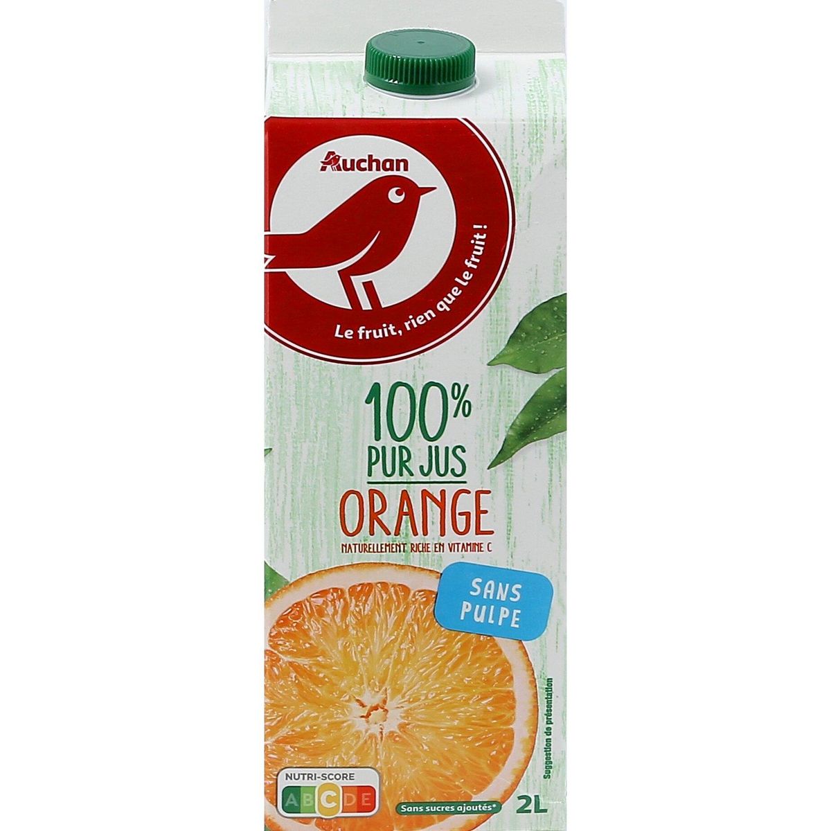 AUCHAN Pur jus d'orange sans pulpe brique 2l