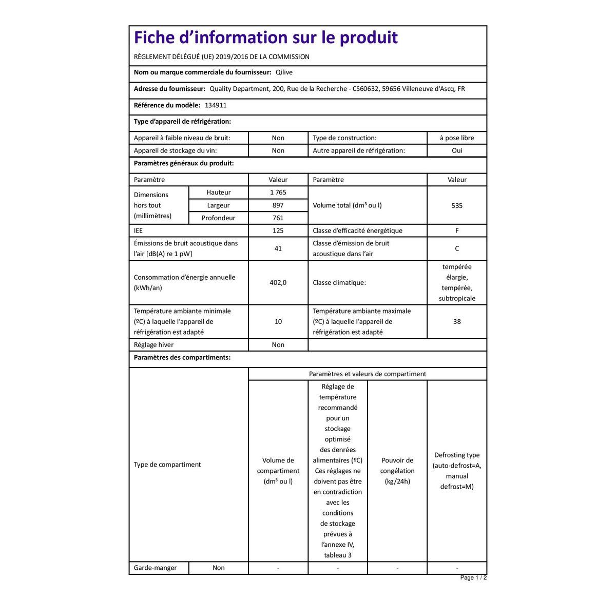 QILIVE Réfrigérateur américain Q.6517, 535 L, Froid ventilé No frost, F