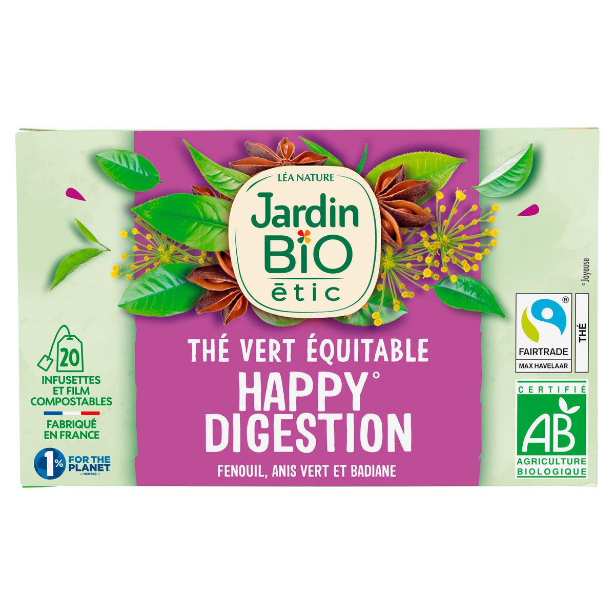 JARDIN BIO ETIC Thé vert équitable Happy Digestion au fenouil anis vert et badiane 20 sachets 30g