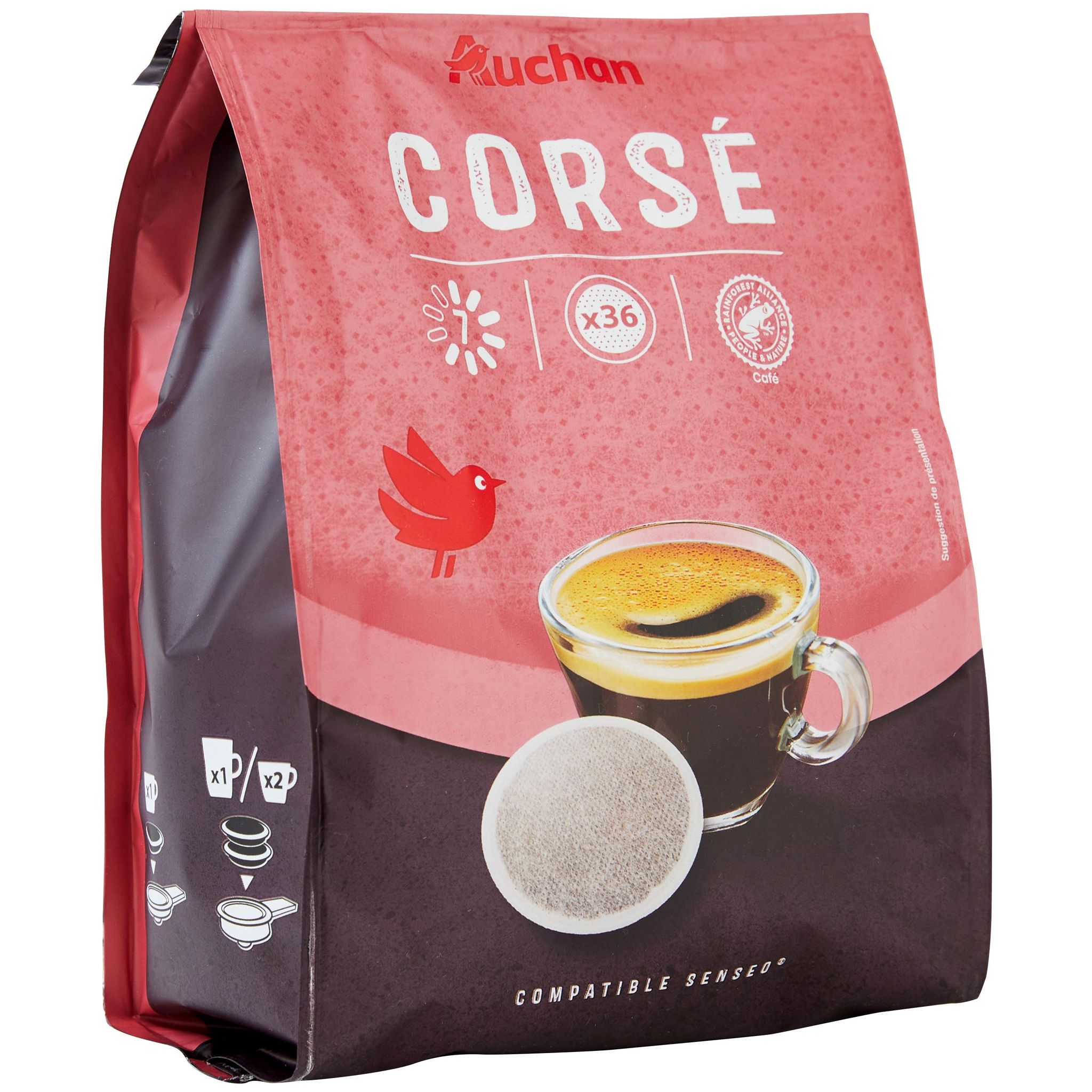 Voir la diapositive 2 : AUCHAN Dosettes de café corsé intensité 7 compatibles Senseo 36 dosettes 250g