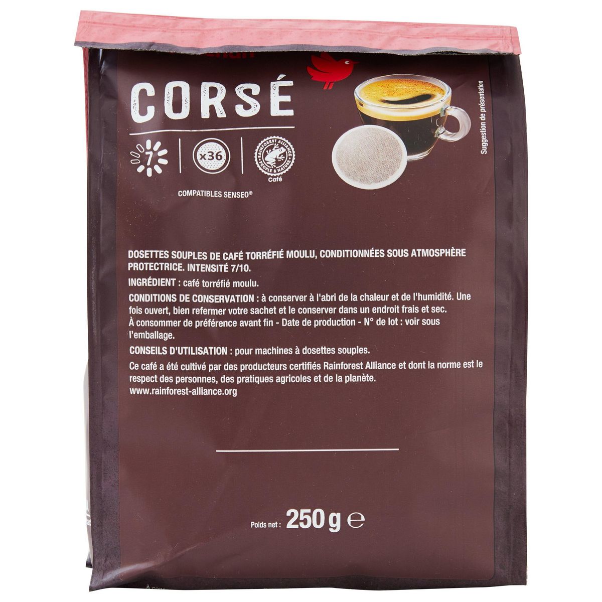 AUCHAN Dosettes de café corsé intensité 7 compatibles Senseo 36 dosettes 250g